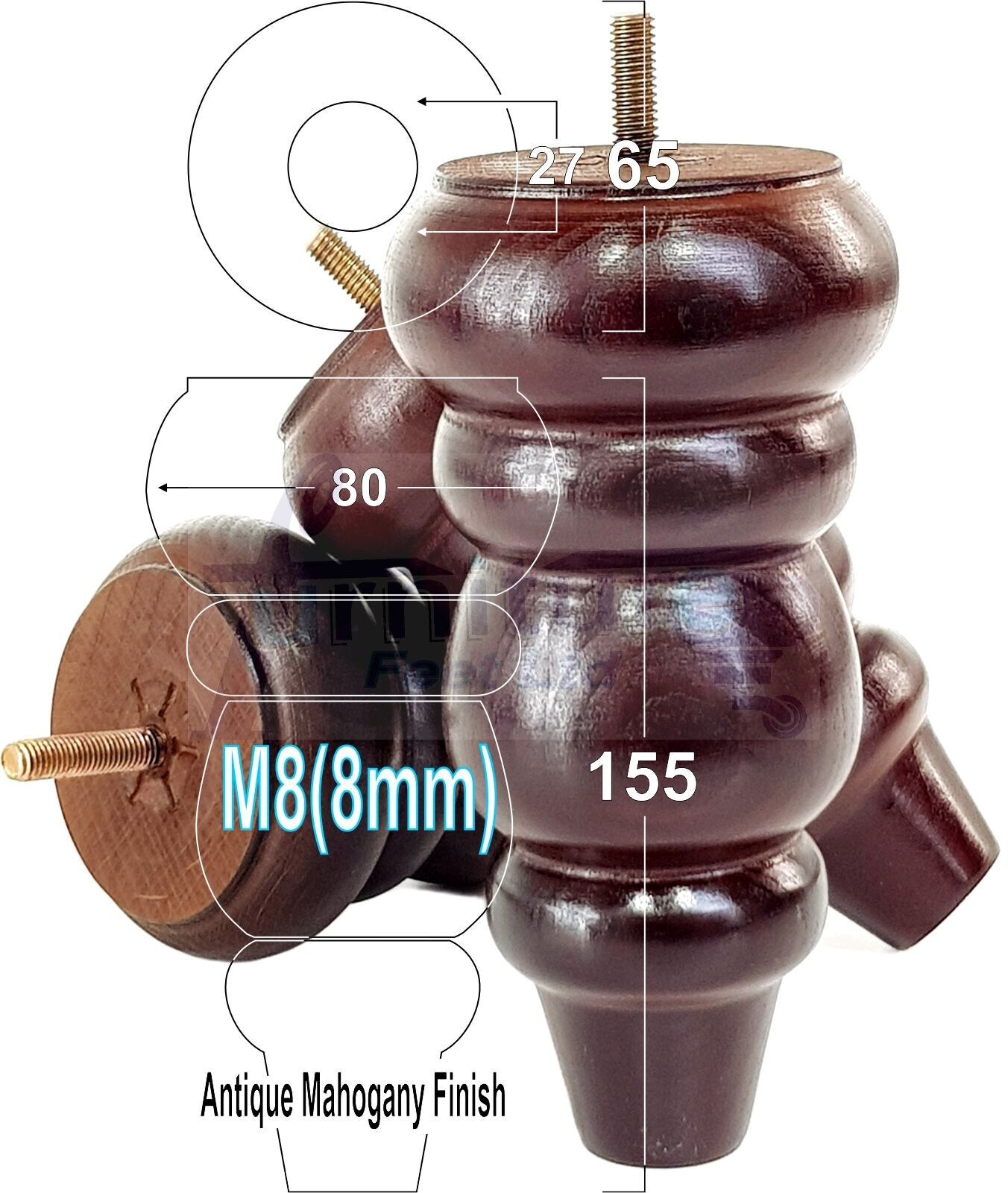 4 Solid Turned Wood Furniture Sofa Leg M8 Chair Settee Footstool Feet 155mm High