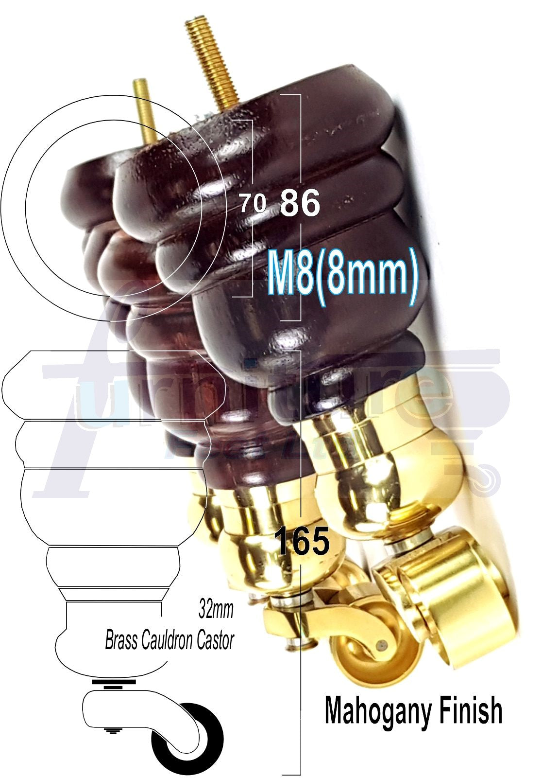 4 Turned Wood Furniture Feet With Brass Cauldron Castors 160mm Legs Sofas Chairs Stools Cabinets Beds M8 6 Inches