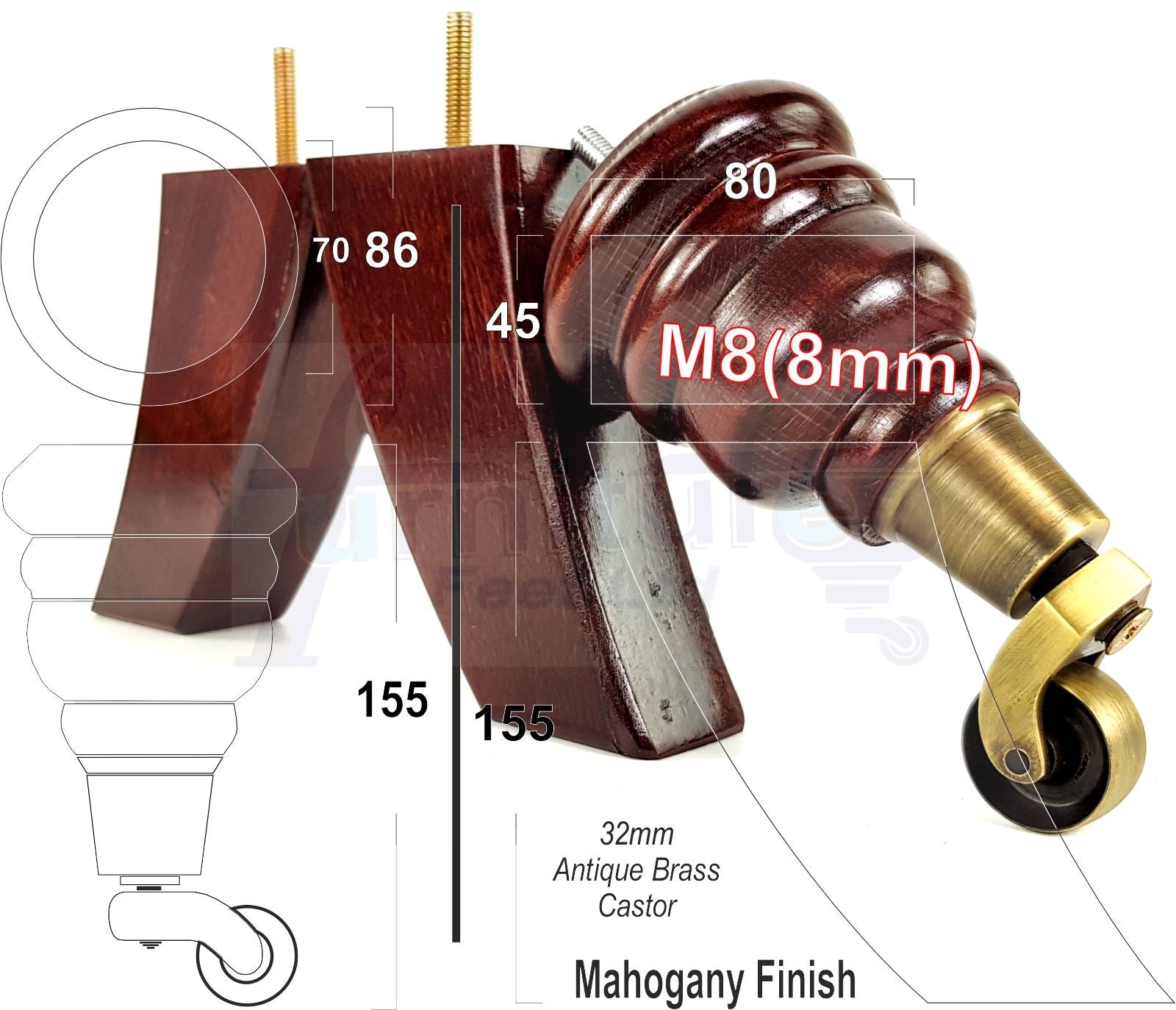 Mahogany Turned Wood Furniture Feet 2 With Castors 155mm and 2 Curved Back Legs Sofas Chairs Stools Cabinets Beds M8 6 Inches