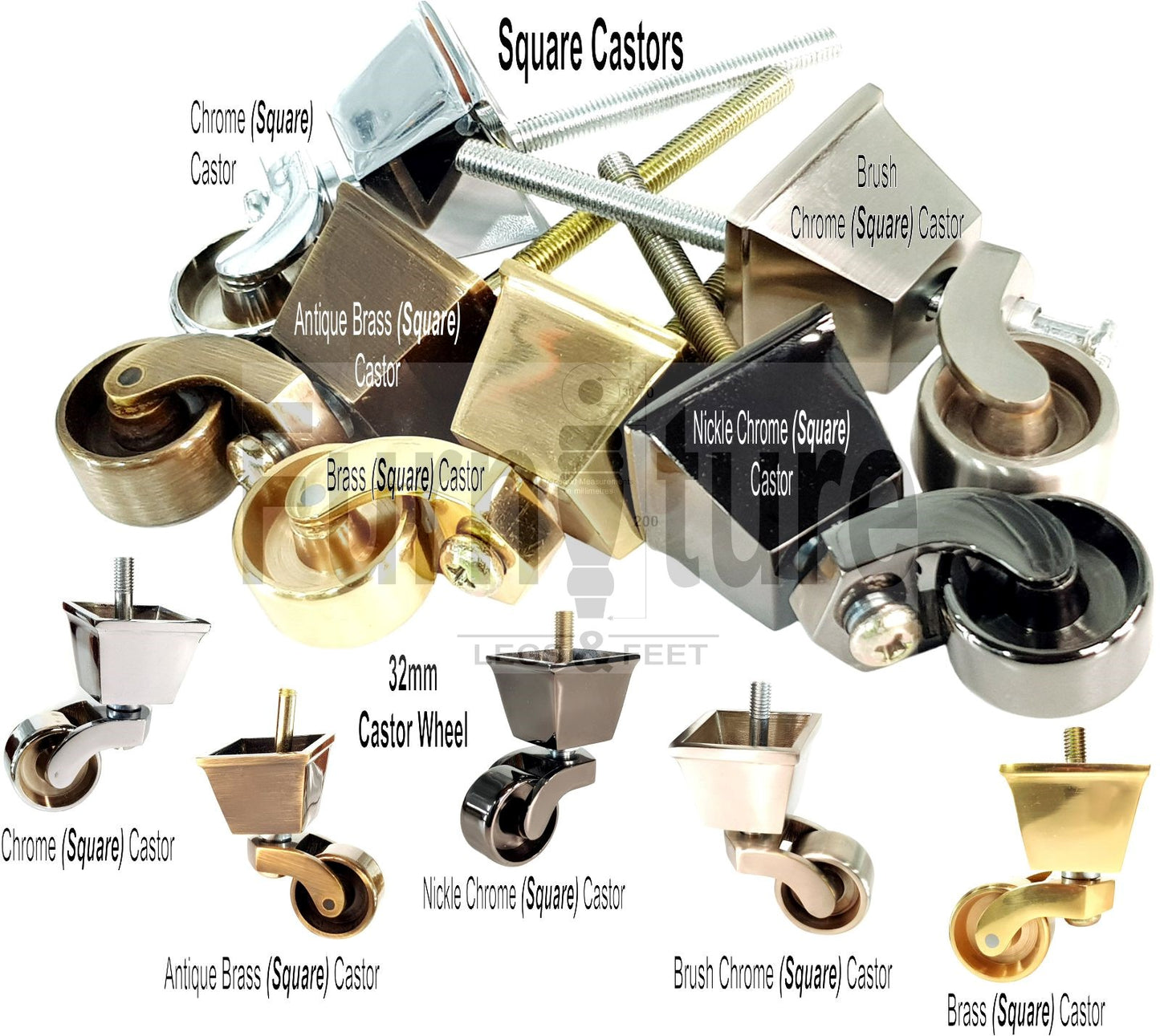 Set Of 4 Block Wood Furniture Feet With Antique Castor 8mm Thread For Chairs Settees Sofa 150mm High