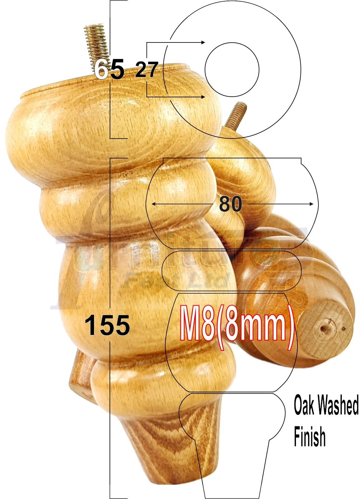 4 Solid Turned Wood Furniture Sofa Leg M8 Chair Settee Footstool Feet 155mm High