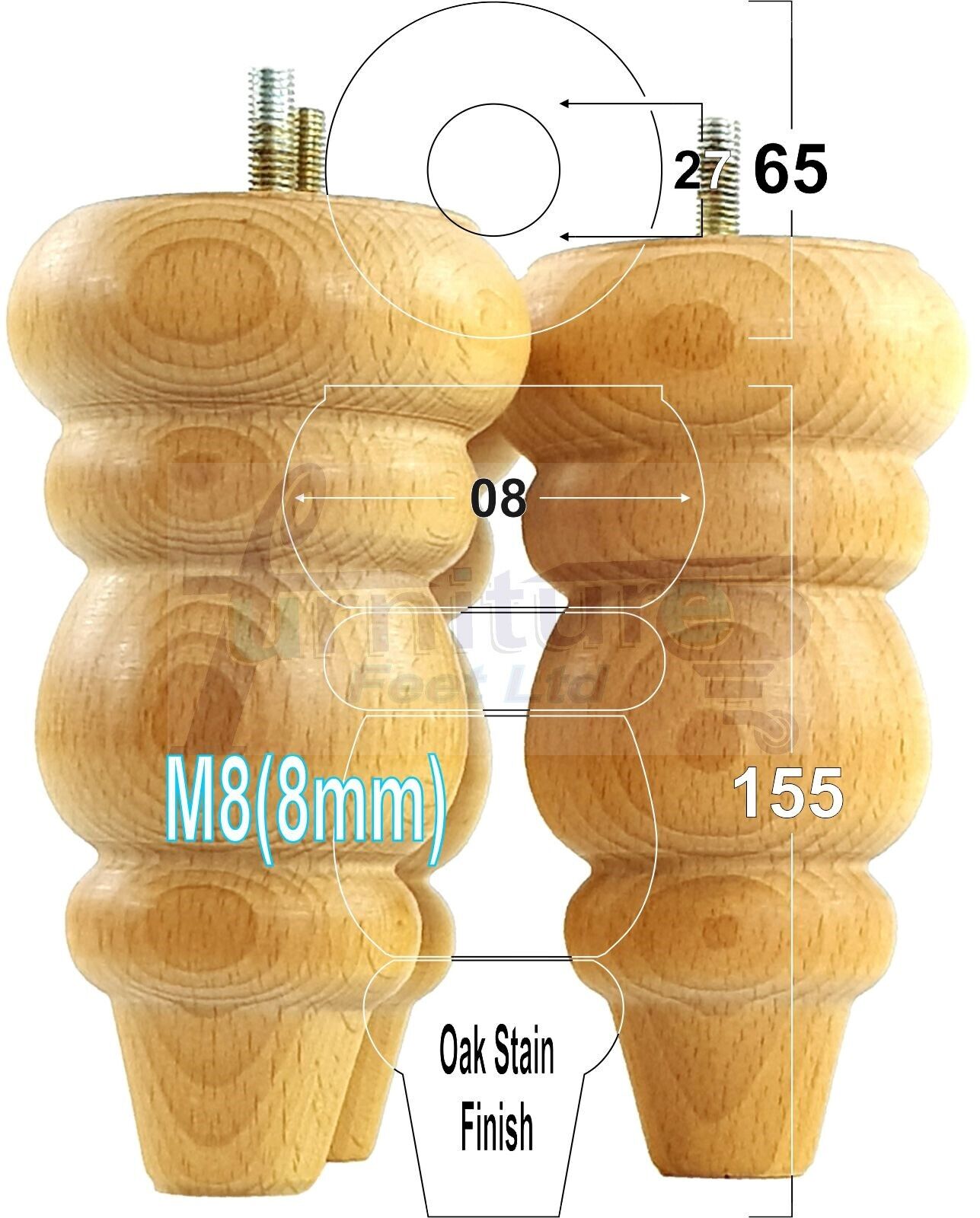 4 Solid Turned Wood Furniture Sofa Leg M8 Chair Settee Footstool Feet 155mm High