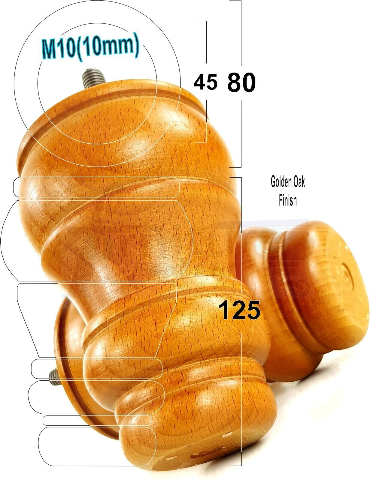 4 Turned Wood Furniture Legs M10 Thread Replacement Feet 125mm High Sofa Chairs Beds
