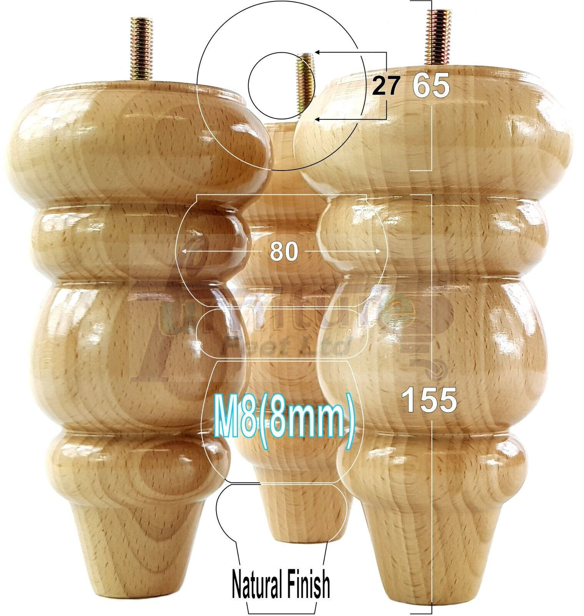 4 Solid Wood Turned Furniture Legs Round Repalcement Chair, Settee Feet 155mm 8mm Thread