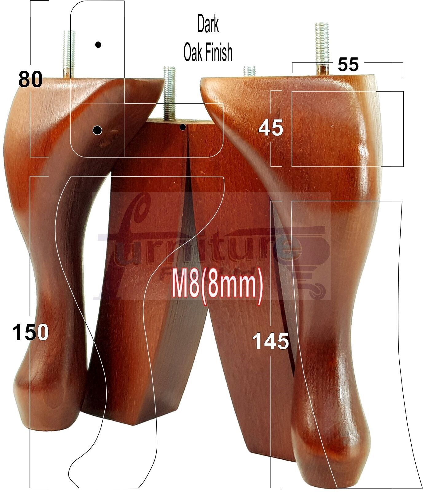2x Vintage Queen Anne Replacement Furniture Legs & 2x Curved Back Feet 150mm 6 Inch High 8mm Thread