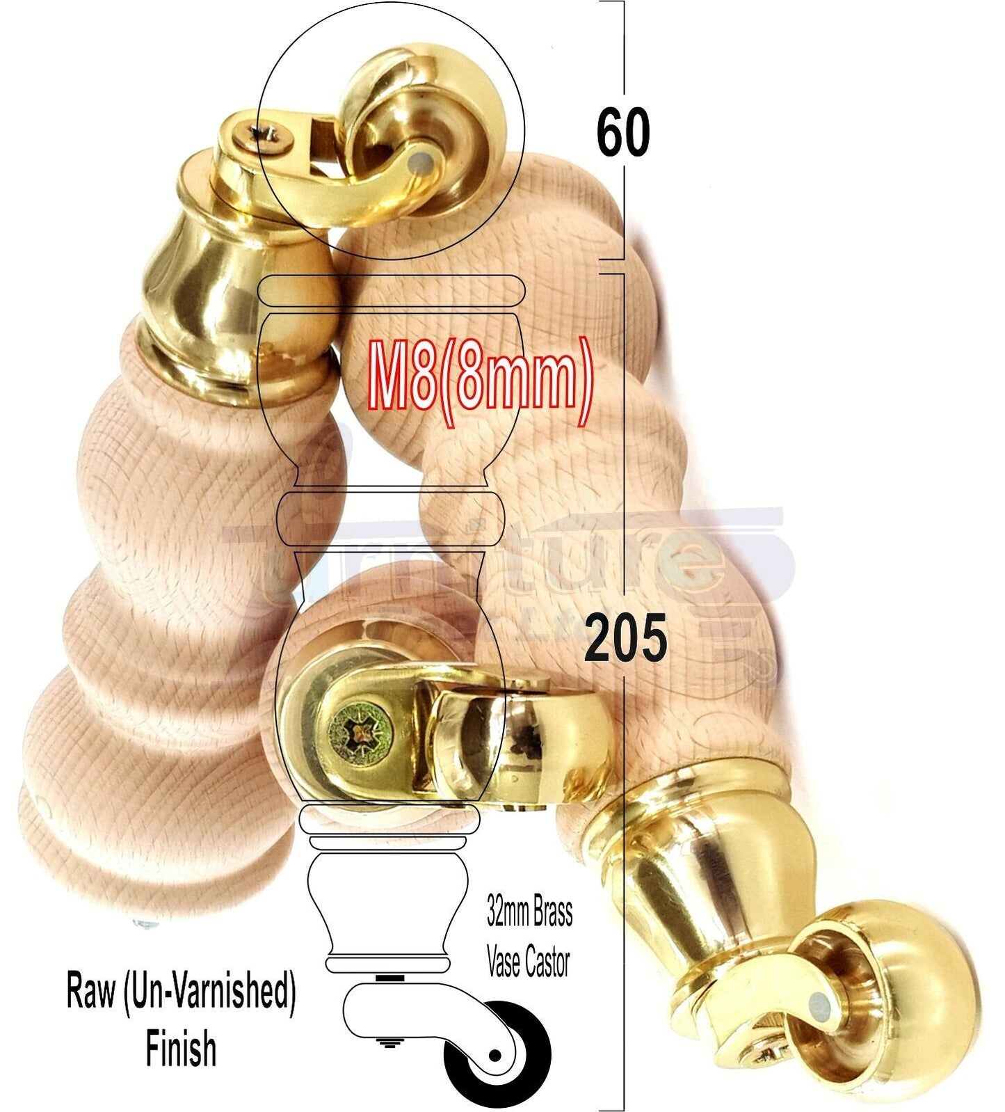 4x Furniture Feet With Castor 205mm High Legs Raw Wood M8 Sofas Chairs Stools Cabinets 8 Inches Tall