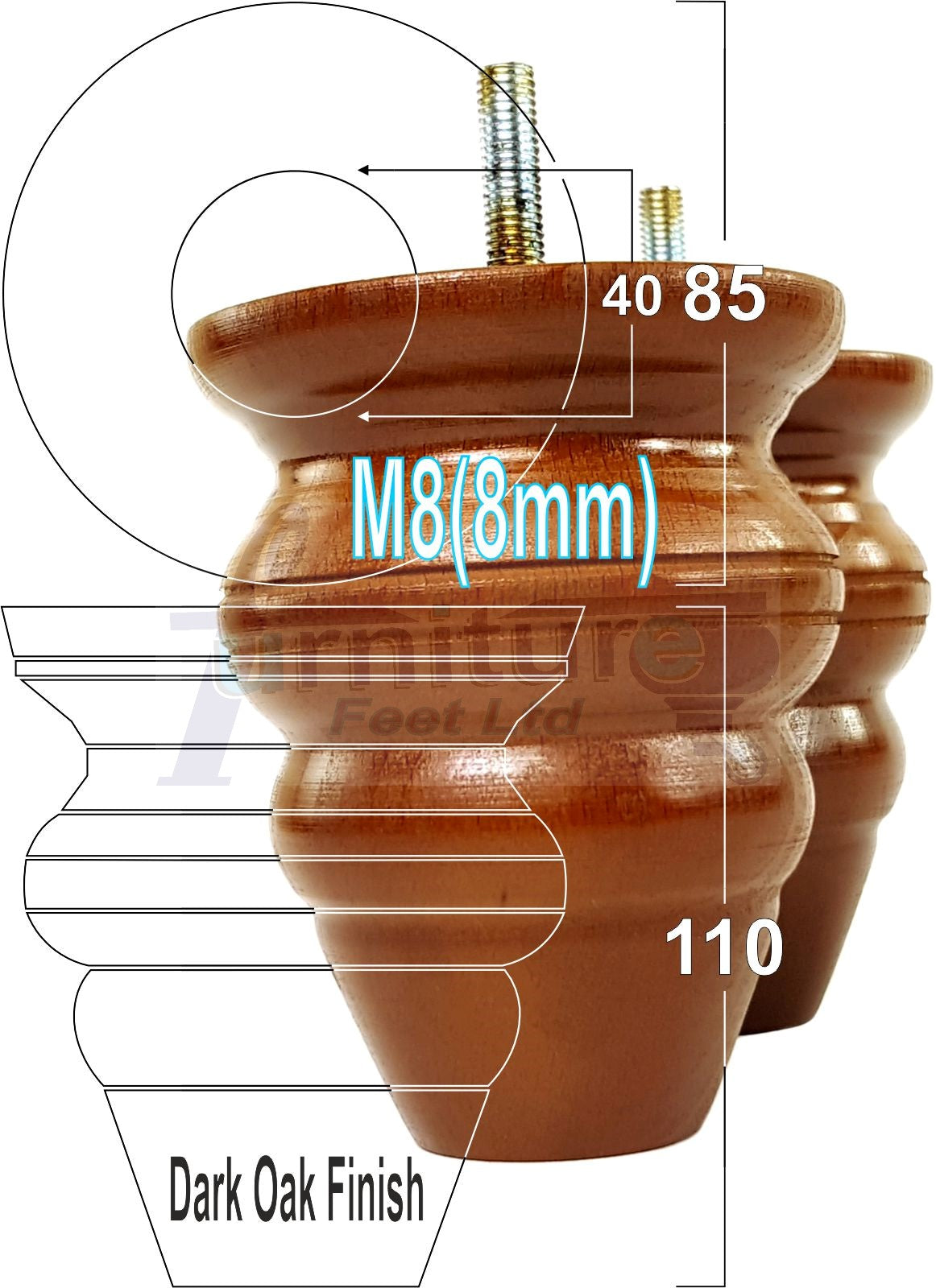 4x Turned Wood Furniture Legs Replacement Feet 110mm High Multiple Colours Chairs Stools Sofa's Beds Settee Cabinets M8
