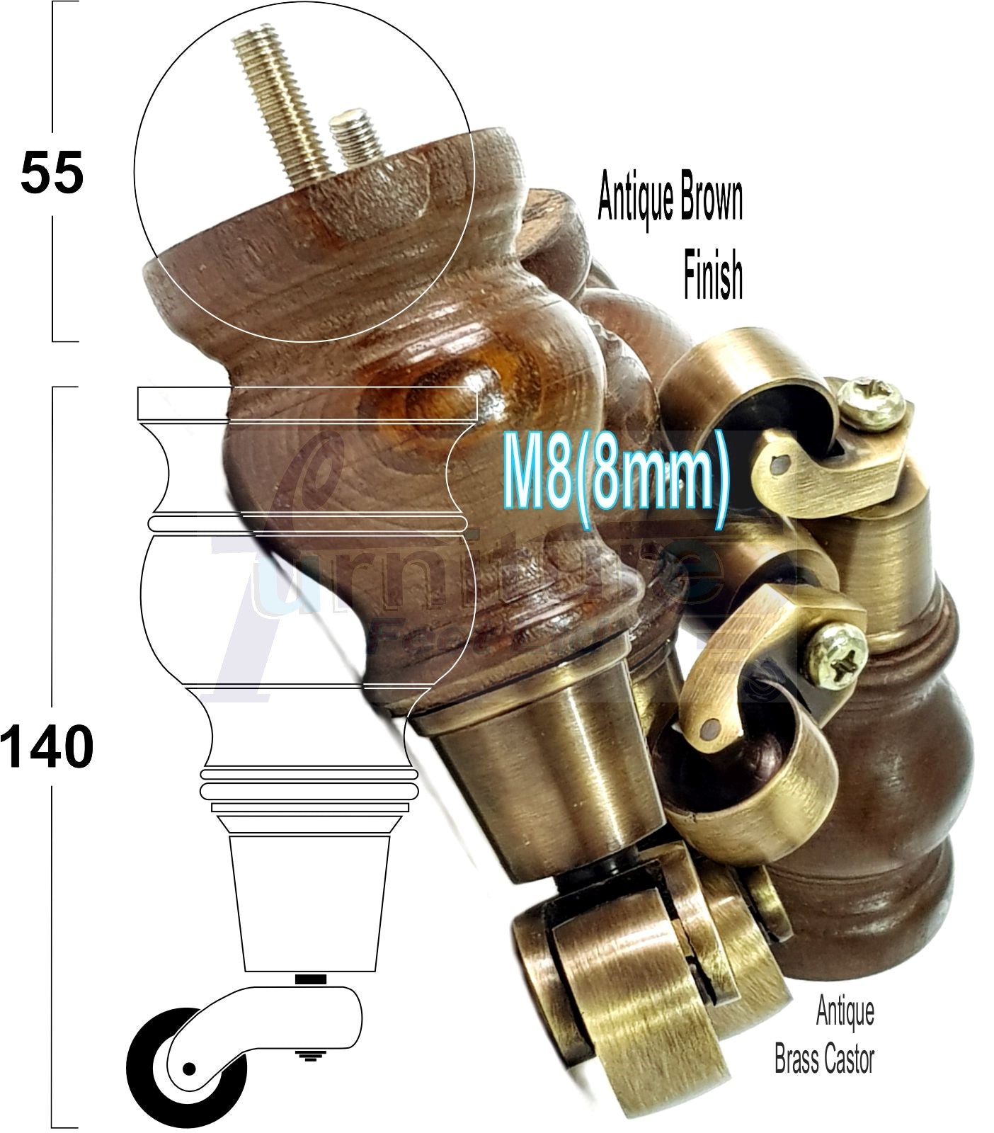 4x Turned Wood Furniture Legs With Antique Castor 150mm High M8 For Settees Chairs & Cabinets