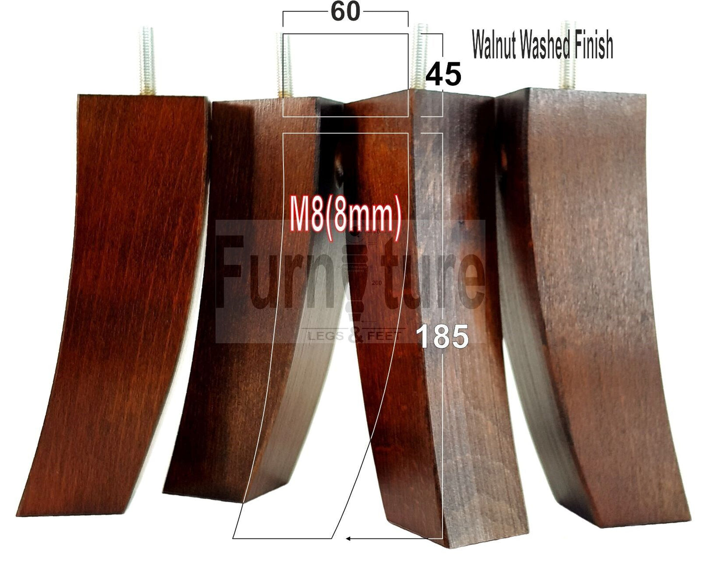 Set Of 4 Solid Wood Curved Furniture Feet Replacement Legs 185mm High M8(8mm)