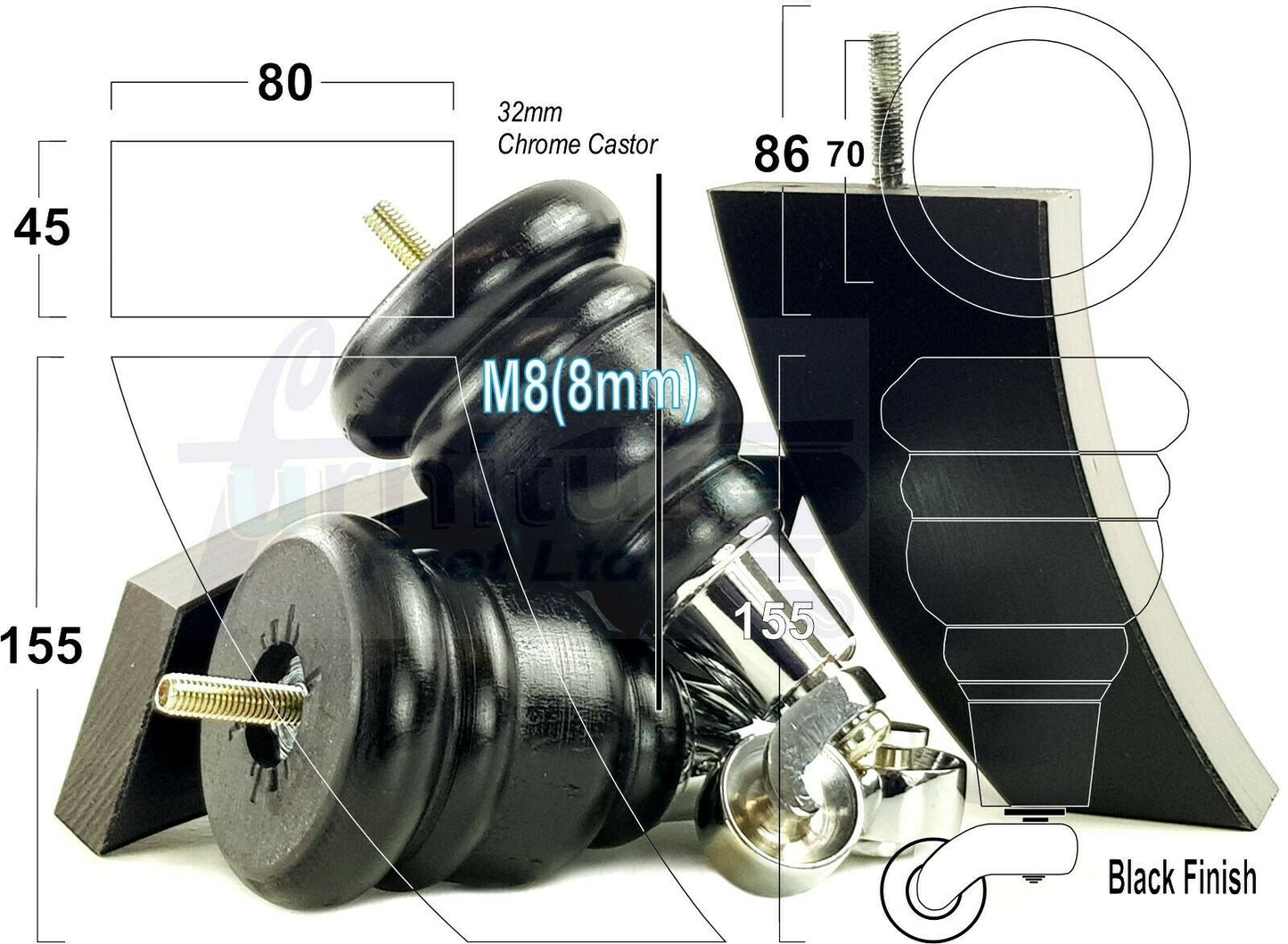 Black Turned Wood Furniture Feet 2 With Castors 155mm and 2 Curved Back Legs Sofas Chairs Stools Cabinets Beds M8 6 Inches