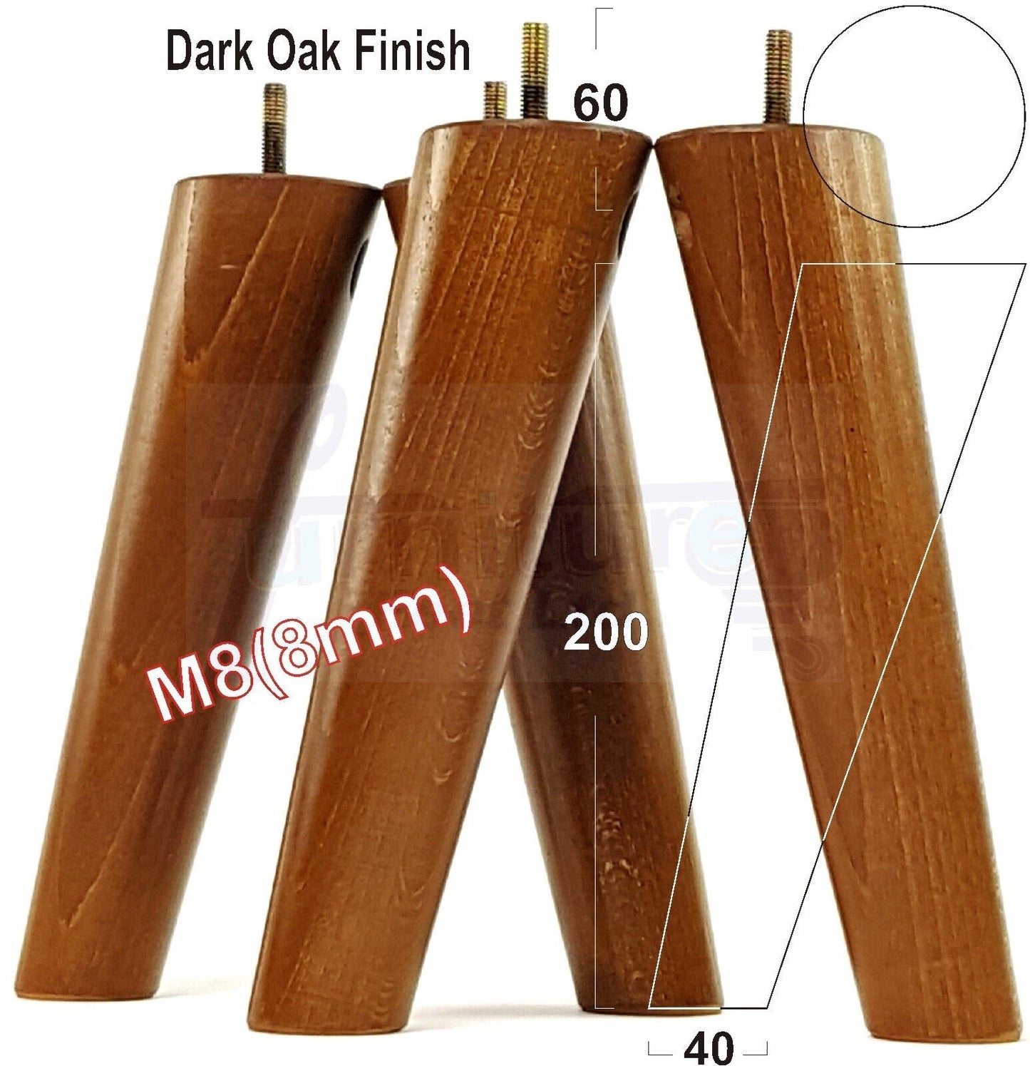 4 Solid Wood Turned Furniture Feet Replacement Mid Centry Angled Retro Legs 200mm High M8 Sofa Chairs Stools Cabinets Beds