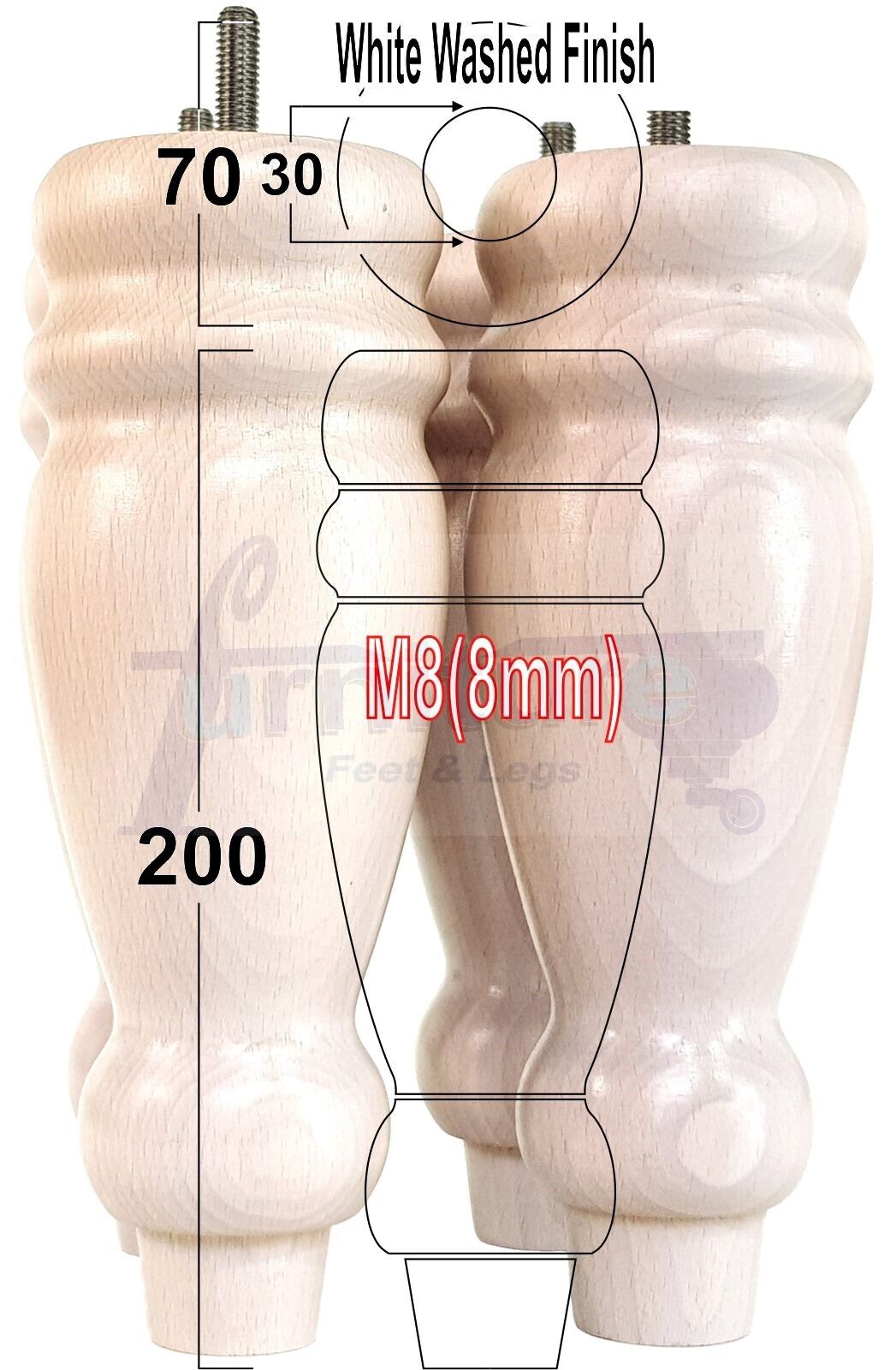 Set Of 4 Turned Furniture Legs Replacement Sofa Feet 200mm High M8 Thread