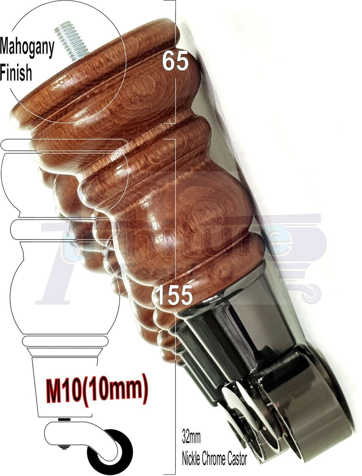 4 Turned Solid Beech Wood Furniture Legs with Castor Replacement Sofa Feet 155mm High M10 Threaded Dowl Fix