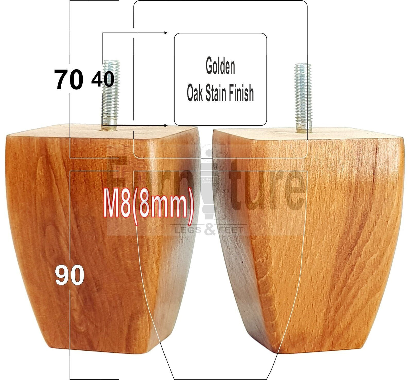 Set Of 4 Solid Wooden Block Furniture Feet Replacement Legs 90mm High M8(8mm)