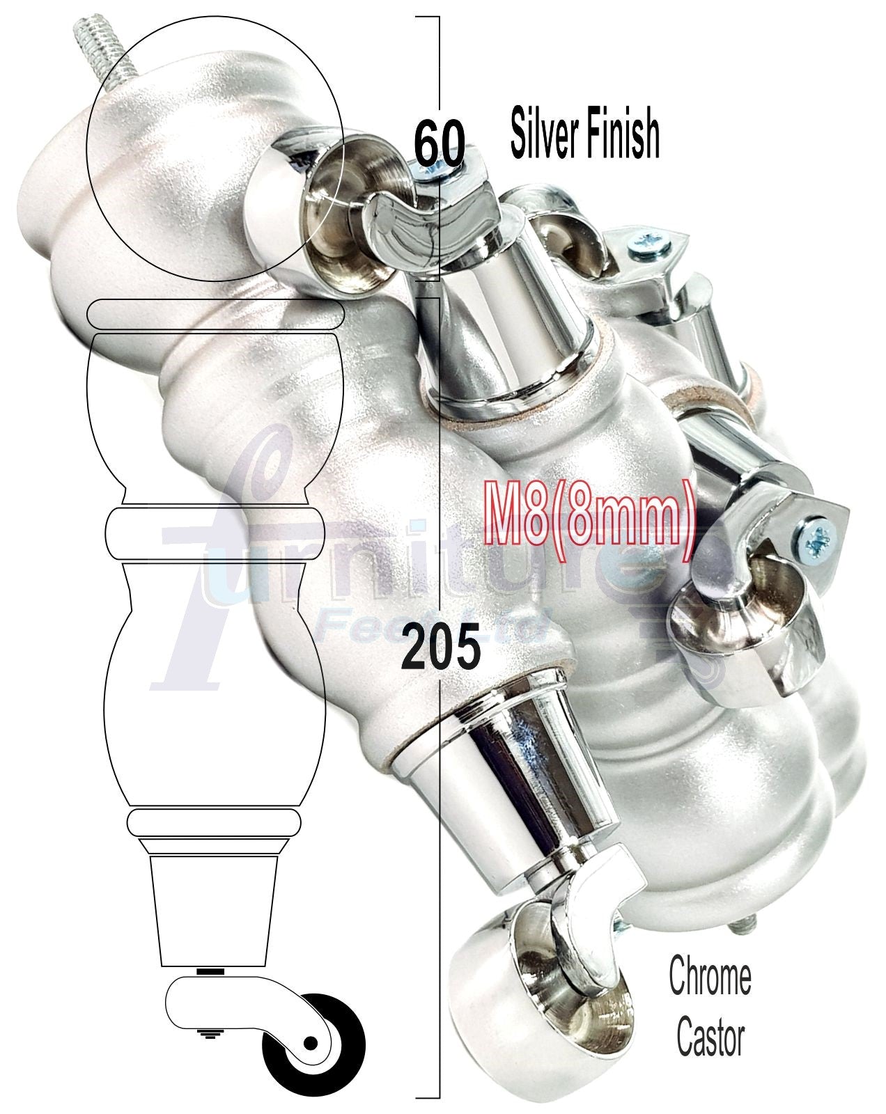 4x Furniture Feet With Castor 205mm High Legs Silver Wood M8 Sofas Chairs Stools Cabinets 8 Inches Tall