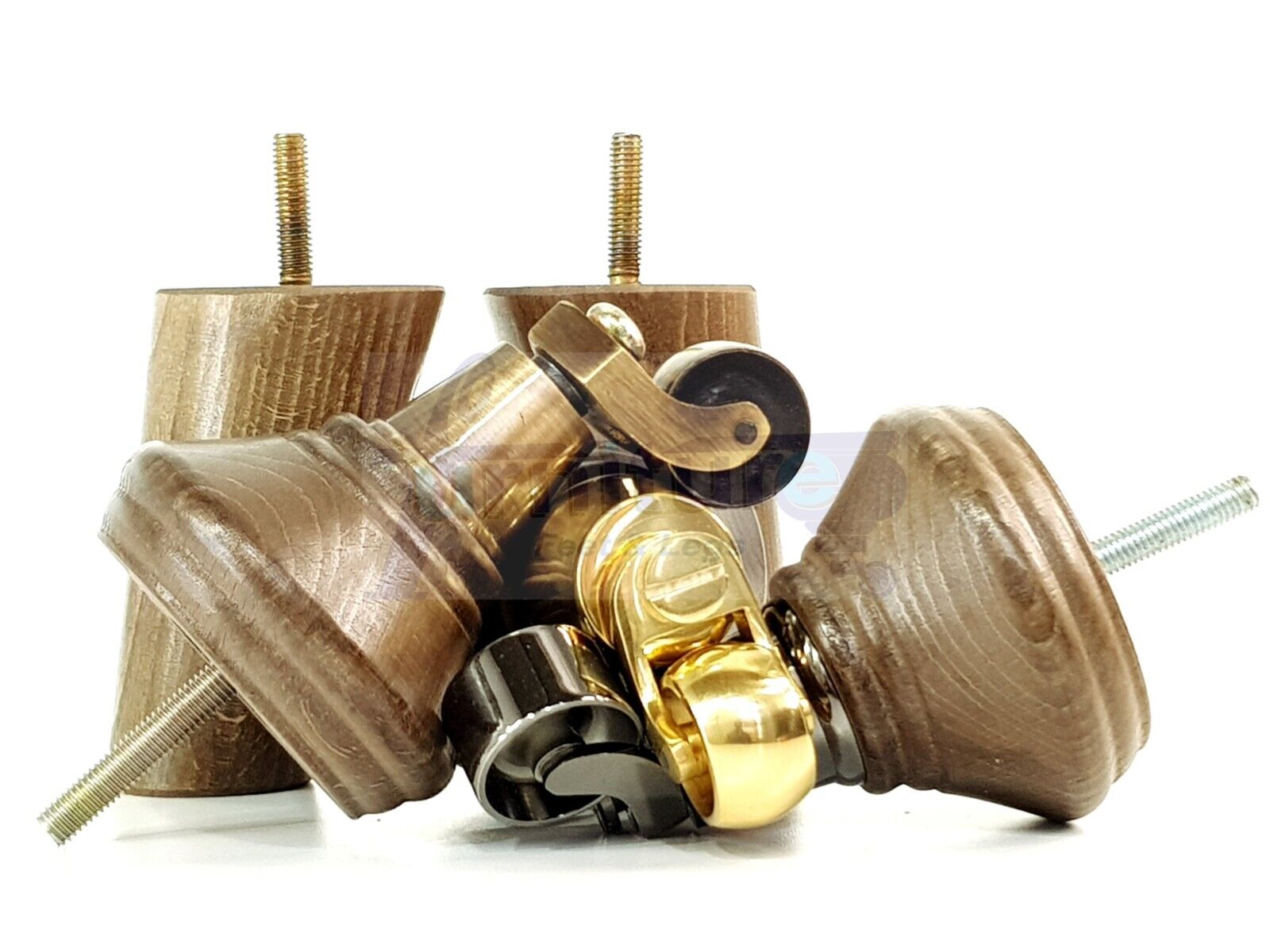 2 Antique Brown Stain Wood Furniture Sofa Legs With Castor 125mm & 2 Angled Back Feet Chair Settee 100mm High M8