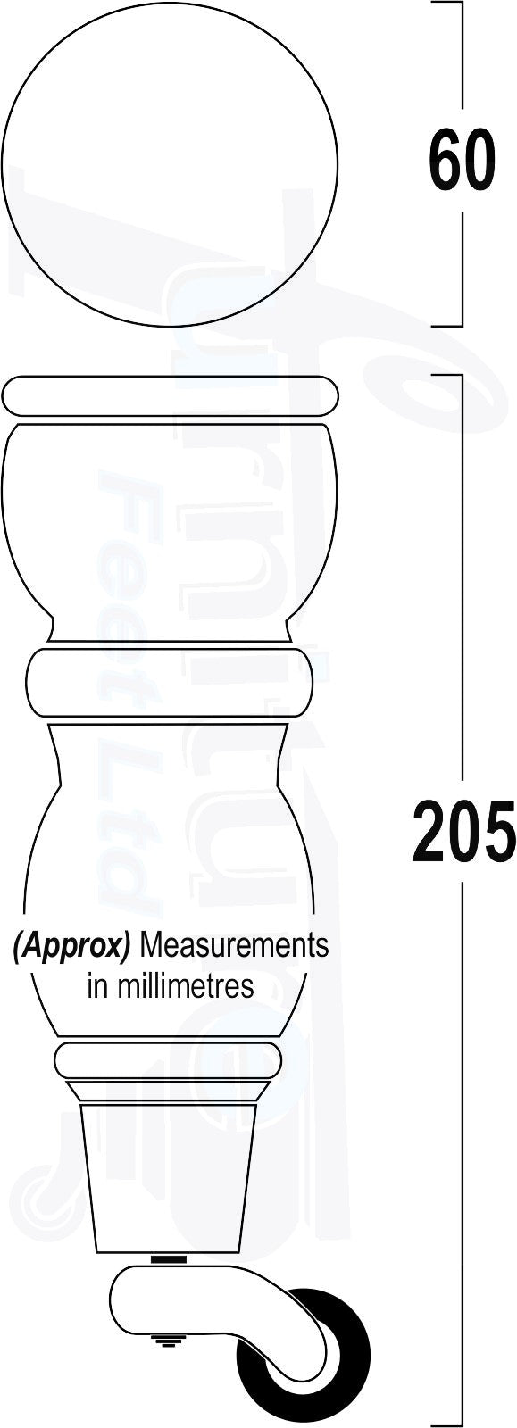 Solid Wood Furniture Feet With Castors Set of 4 Legs 205mm High For Sofas Chairs & Beds M10 Thread