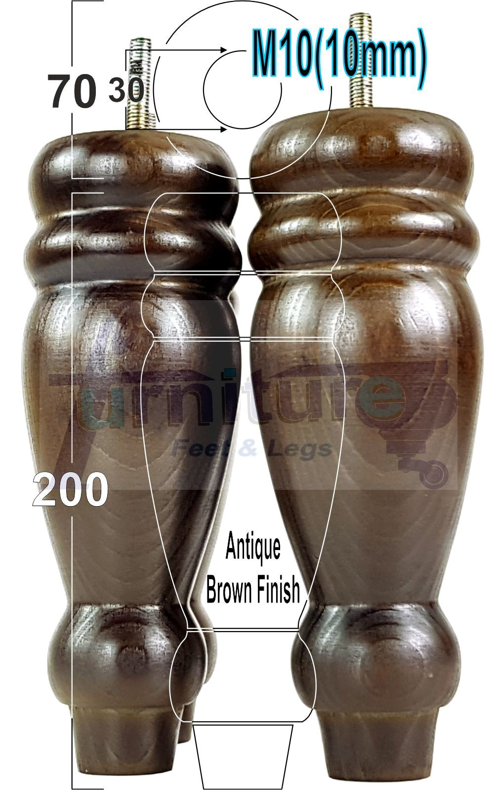 Set Of 4 Turned Furniture Legs Replacement Sofa Feet 200mm Hight M10 Thread