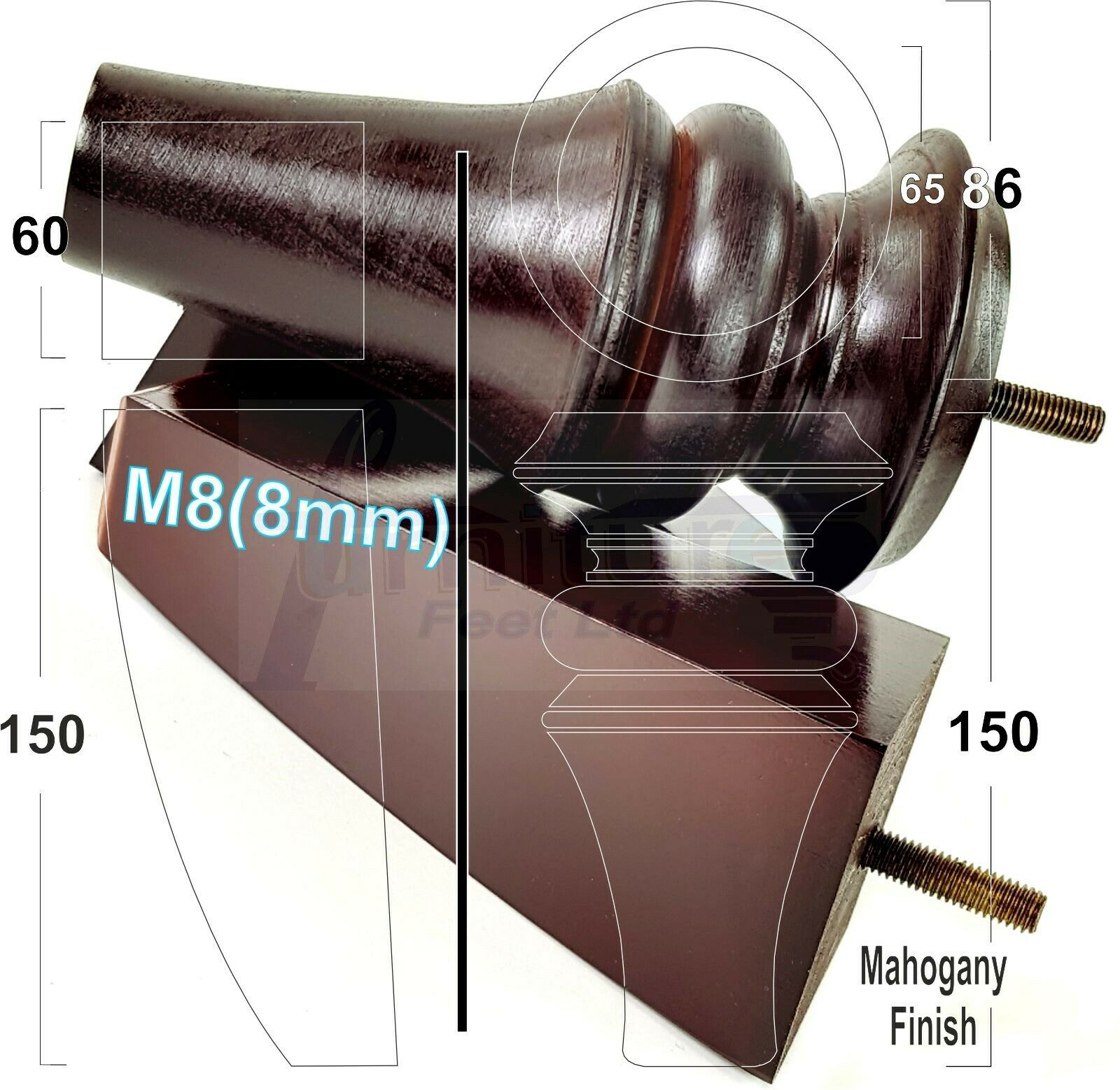2x Turned & 2x Curved Back Wooden Feet Replacement Furniture Legs 150mm M8(8mm)