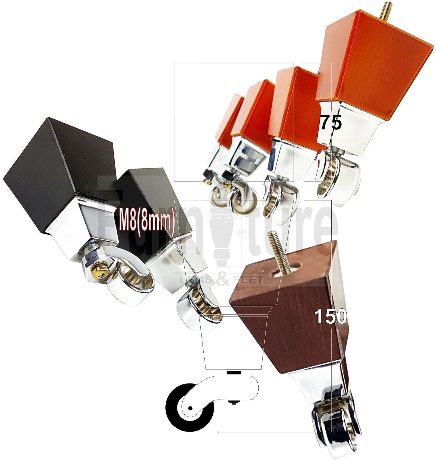 4x Block Wood Furniture Legs With Chrome Castors For Sofa Chairs Settees 8mm Thread 150mm High