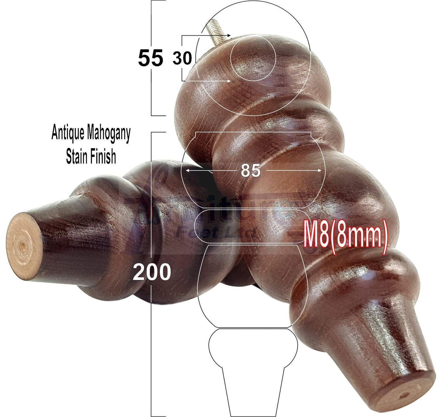 Solid Wood Furniture Feet Replacement Turned Legs 200mm High Chairs Stools Sofa's Beds Settee Cabinets M8 Various Colours Set of 4