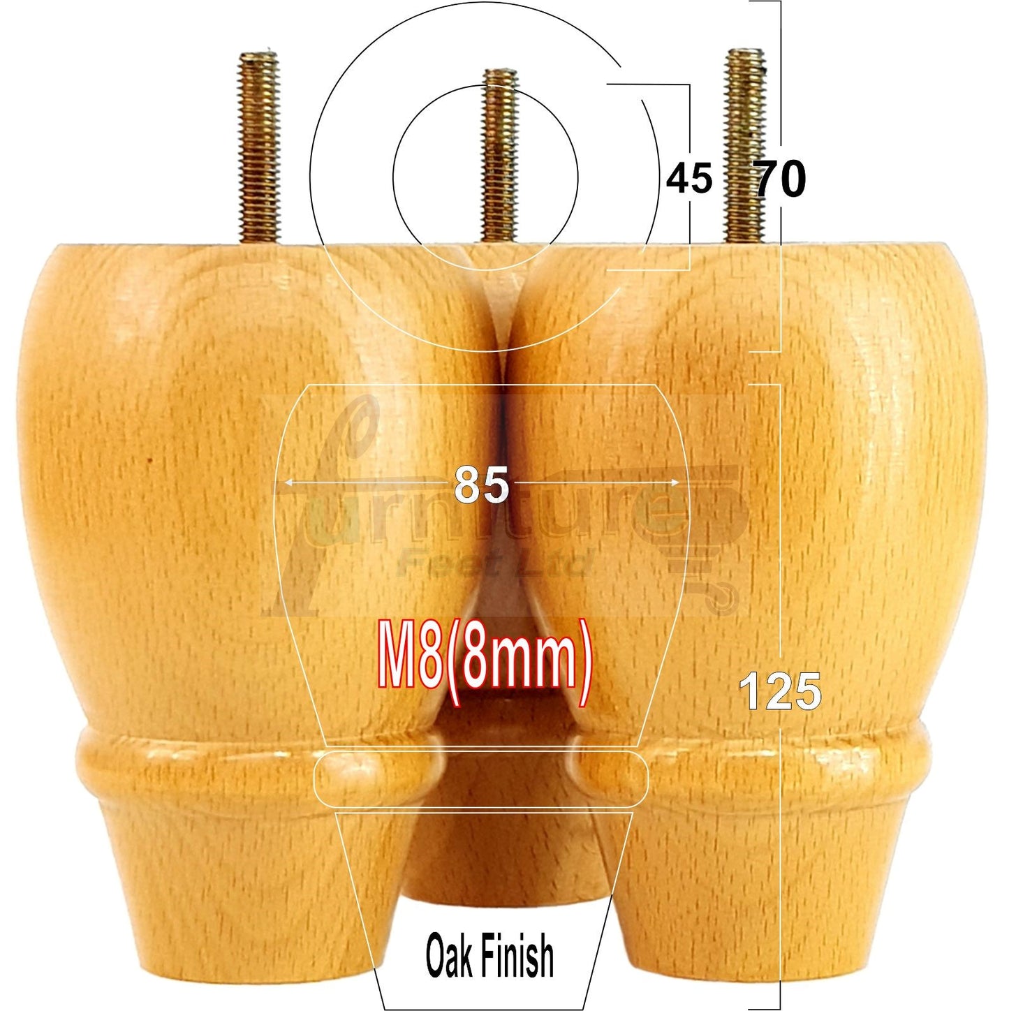 Set Of 4 Solid Wood Turned Replacement Furniture Legs 125mm High 8mm Thread