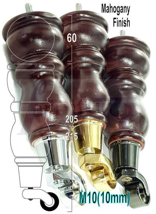 Solid Wood Furniture Feet With Castors Set of 4 Legs 205mm High For Sofas Chairs & Beds M10 Thread