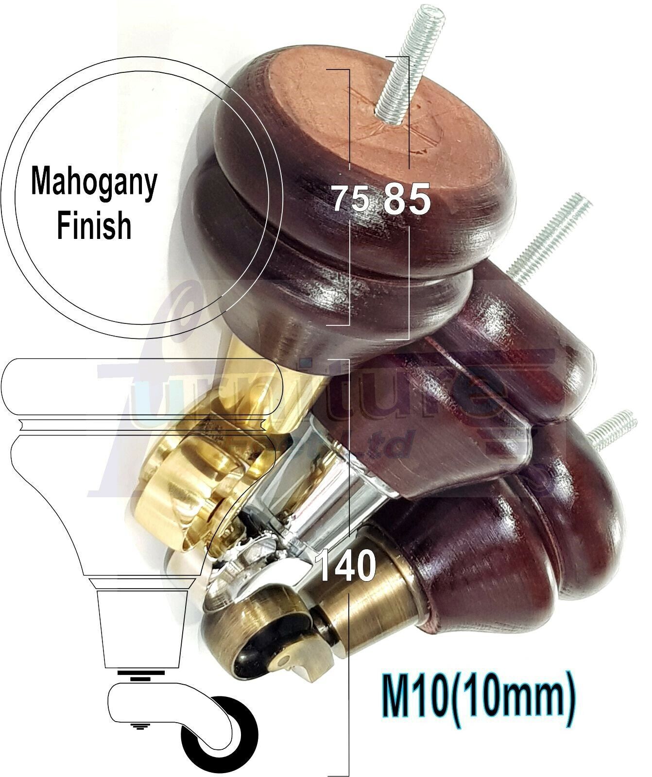4x Turned Furniture Wood Feet With Castors 140mm Sofas Chairs Settee Cabinets Beds M10(10mm)