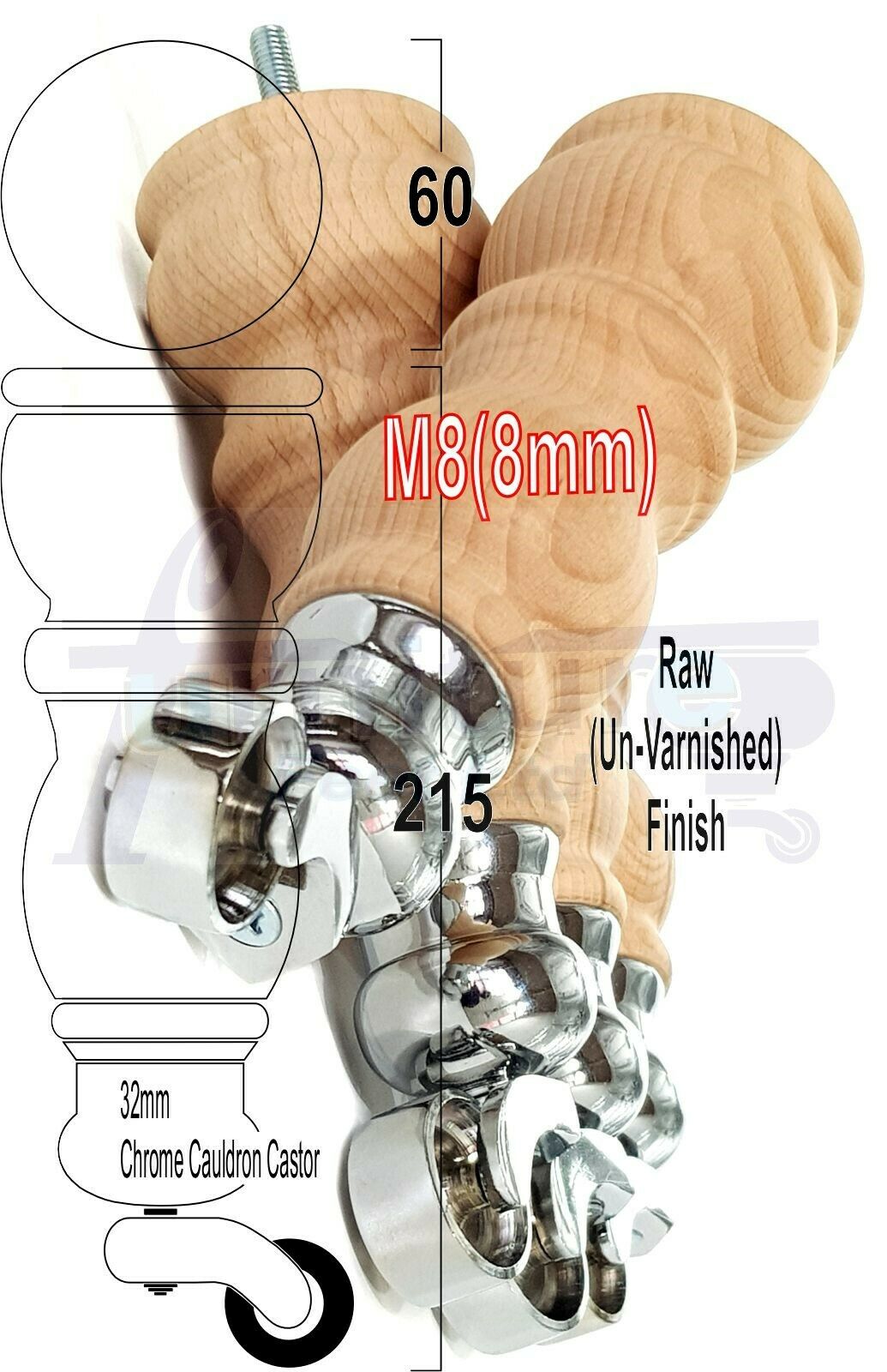 4x Furniture Feet With Castor 205mm High Legs Raw Wood M8 Sofas Chairs Stools Cabinets 8 Inches Tall