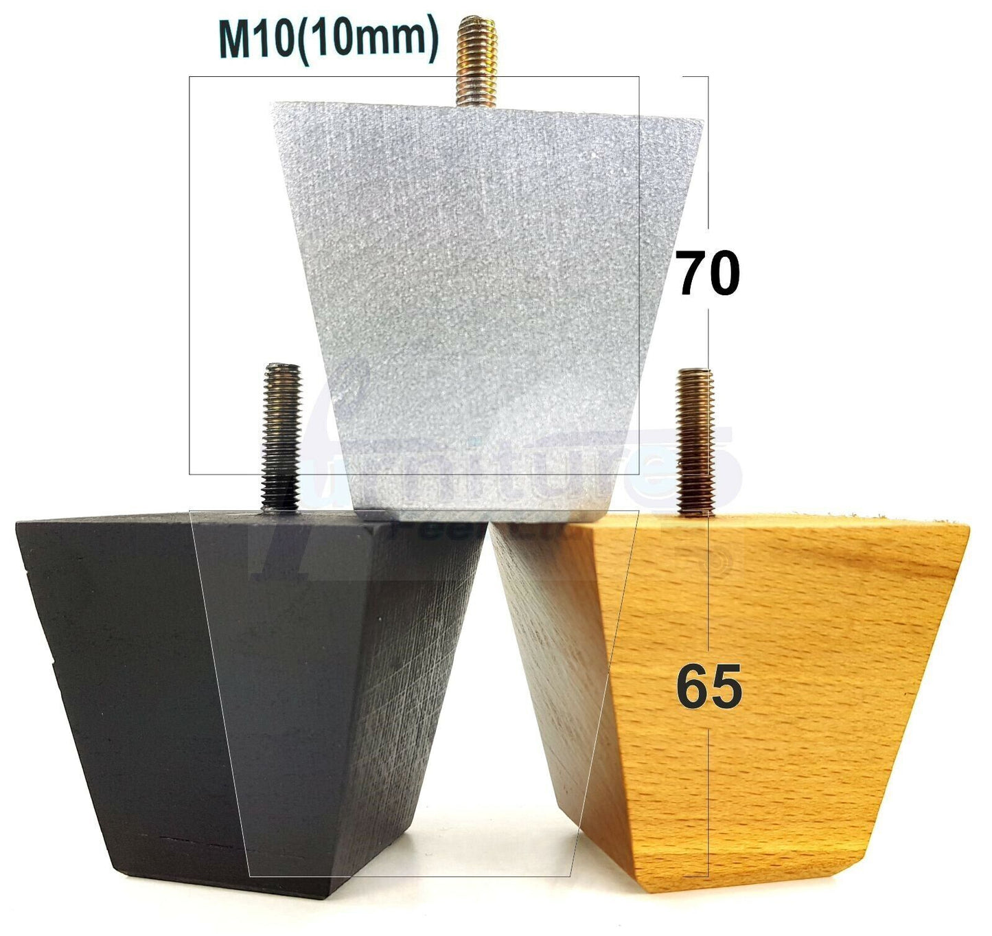 4 Solid Wood Square Furniture Feet Replacement Legs 65mm High M10 Thread