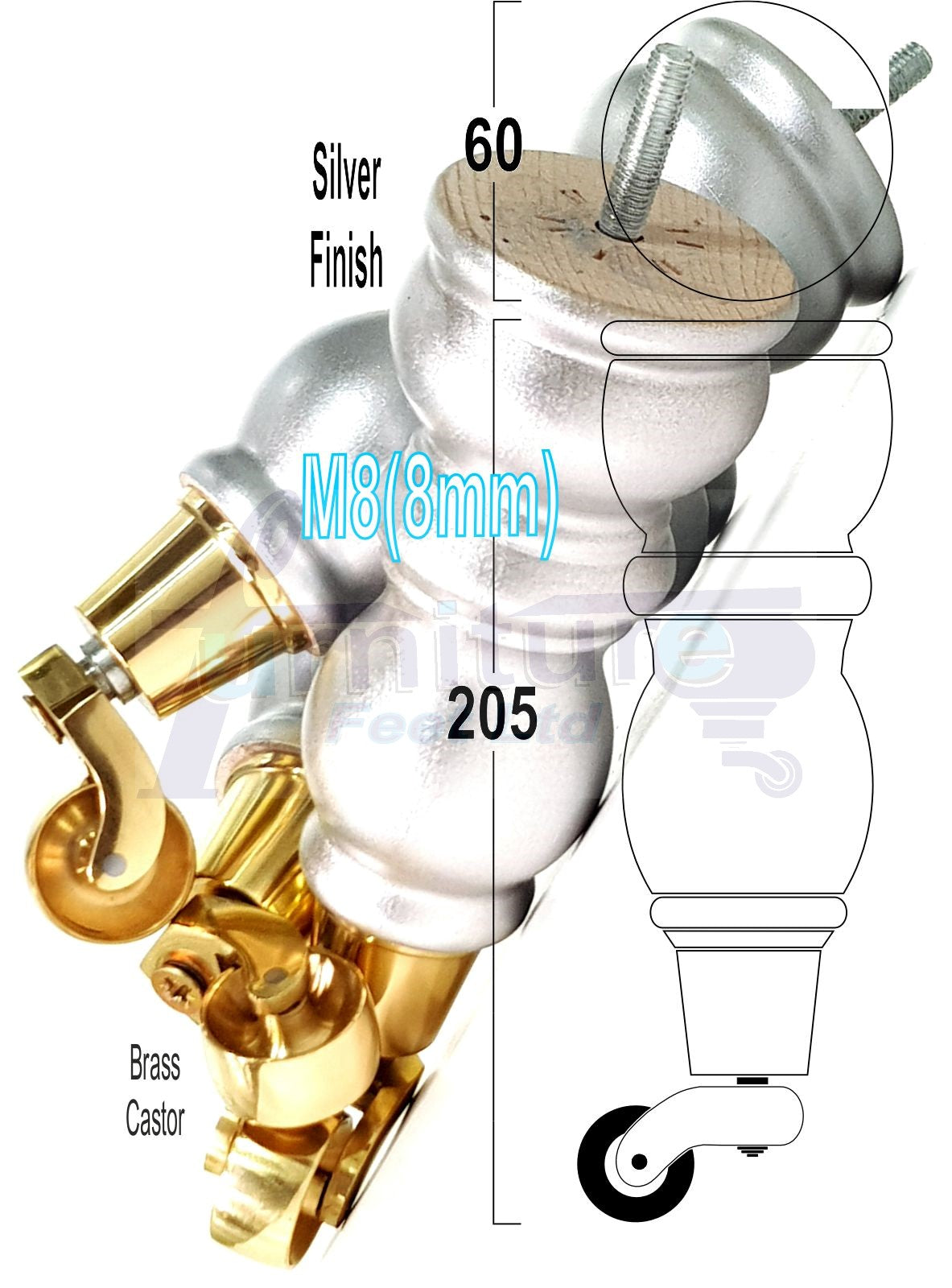 4x Furniture Feet With Castor 205mm High Legs Silver Wood M8 Sofas Chairs Stools Cabinets 8 Inches Tall