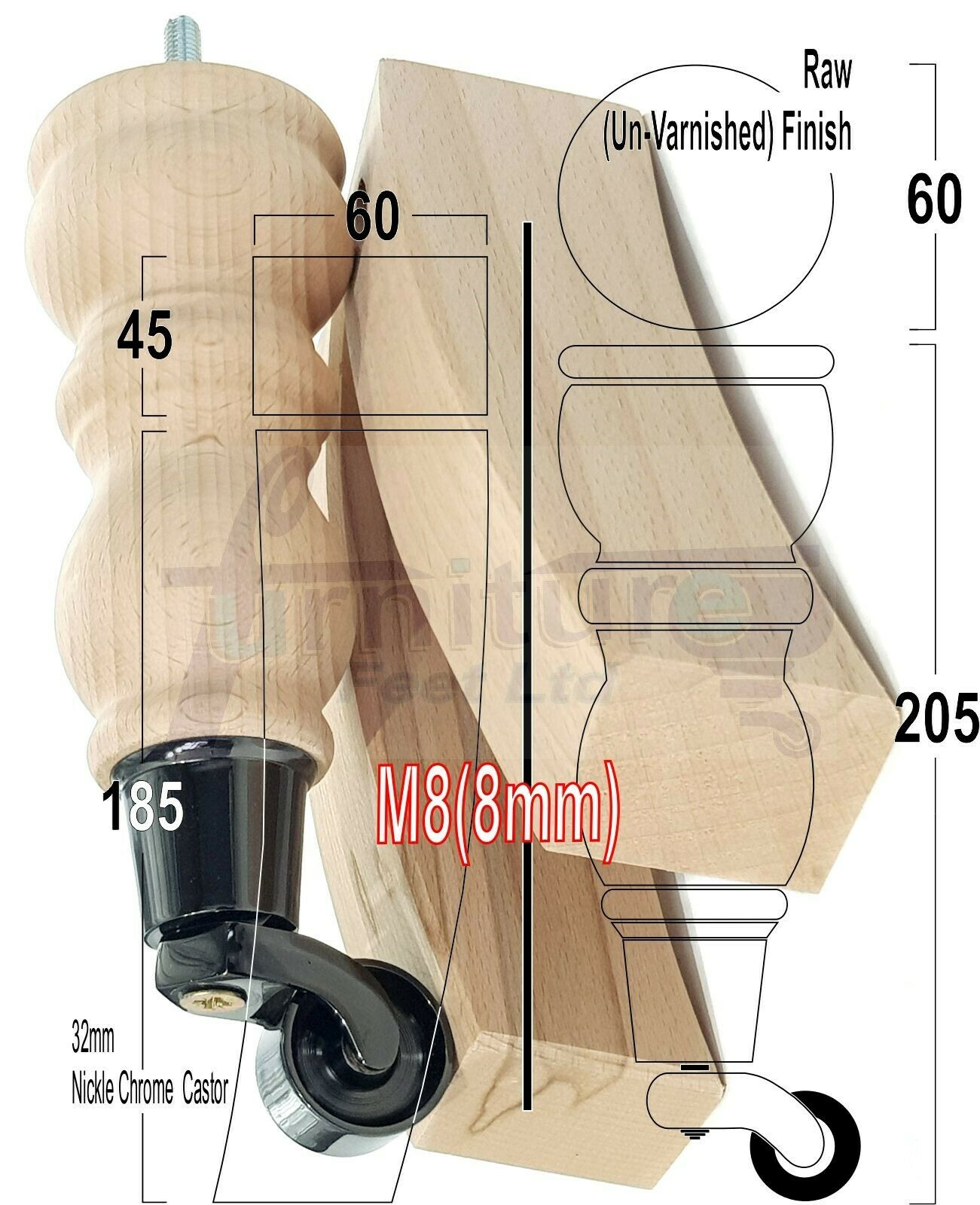 2x Wood Furniture Castor Settee Feet & 2x Curved Legs 8mm Thread 205mm High Raw (Un-Varnished) For Sofas Chairs Stools Cabinets & Beds
