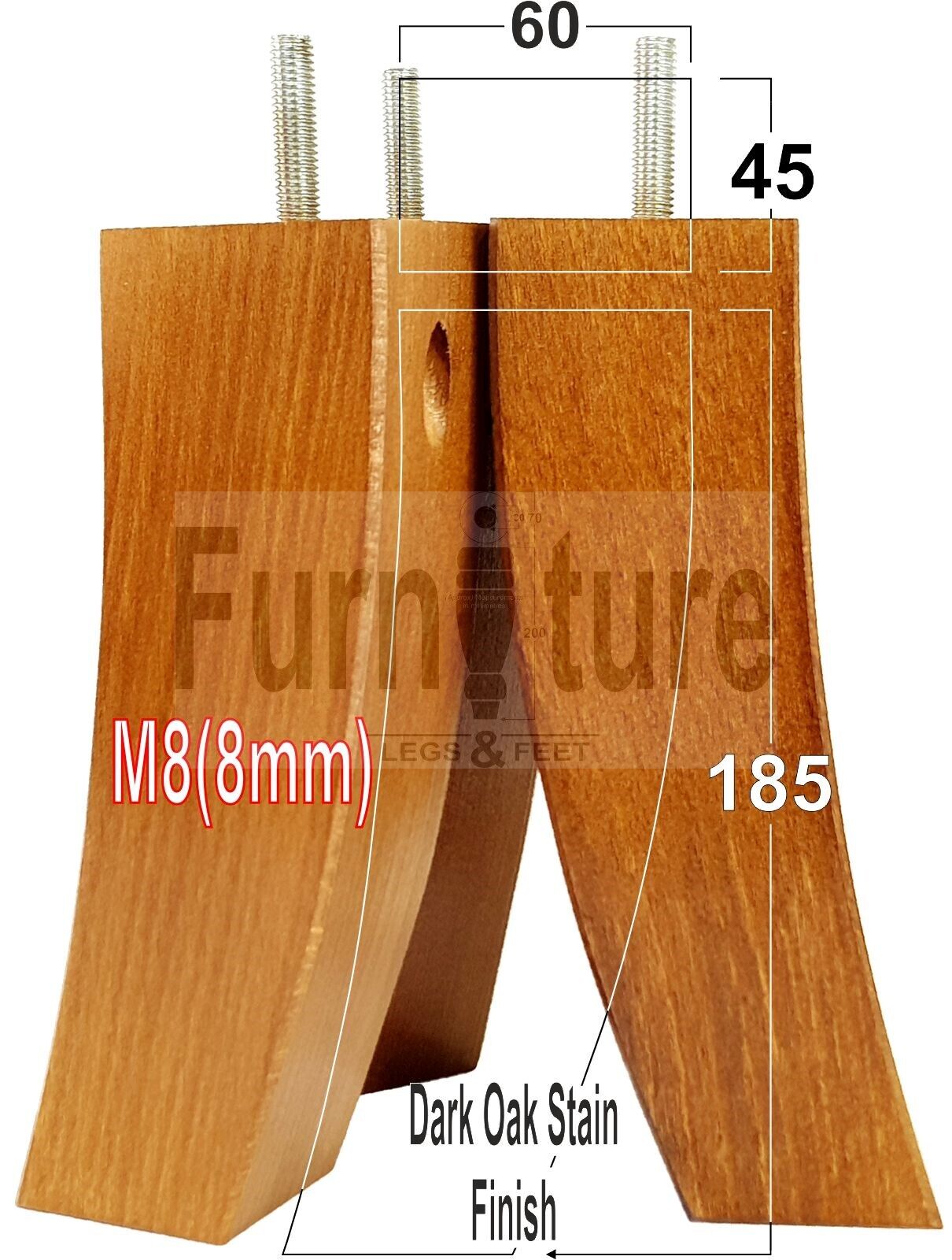 Set Of 4 Solid Wood Curved Furniture Feet Replacement Legs 185mm High M8(8mm)