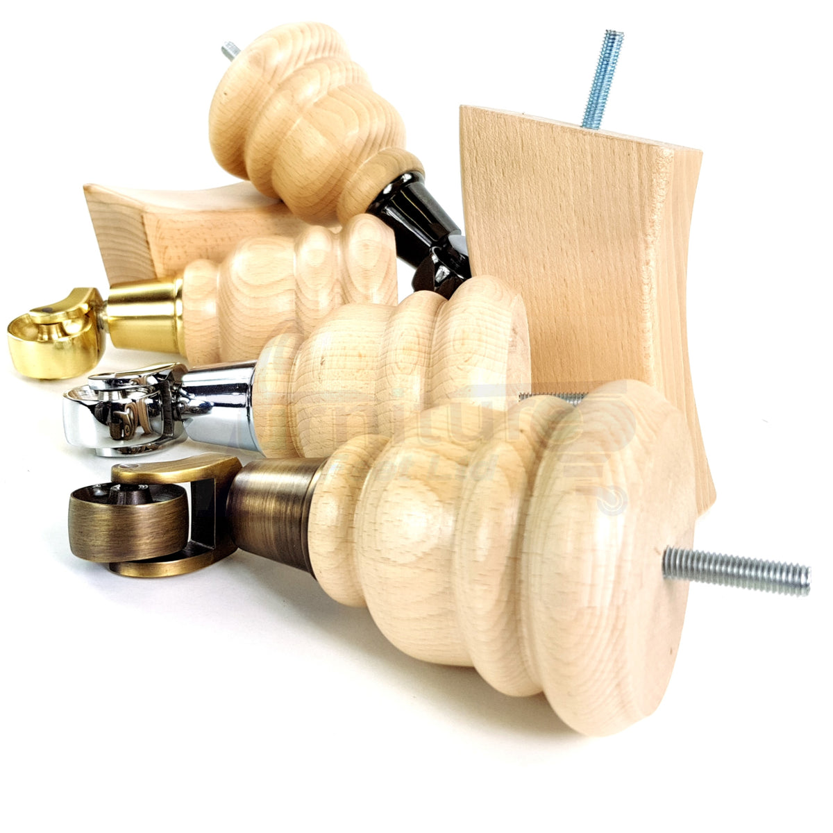 Turned Clear Wood Furniture Legs Replacement Feet 2 with Castors 155mm and 2 Curved Back Legs M8 6 Inches