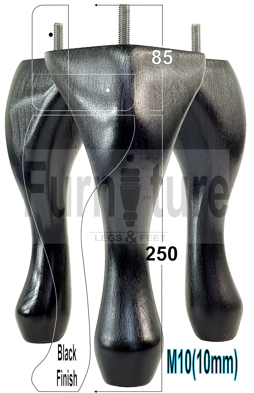 4 Replacement Traditional Queen Anne Furniture Leg 250mm High Sofa Chair Beds M10 Thread