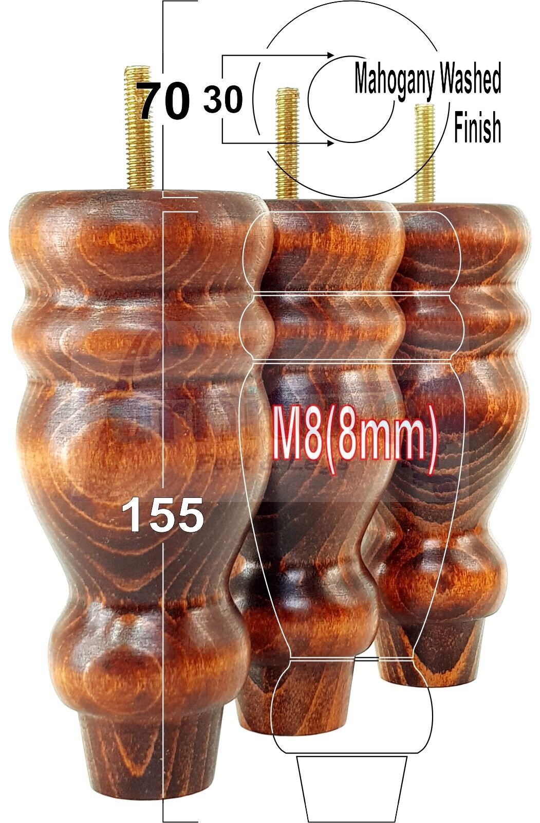 Set Of 4 Turned Wood Furniture Replacement Feet 155mm High 8mm Tread