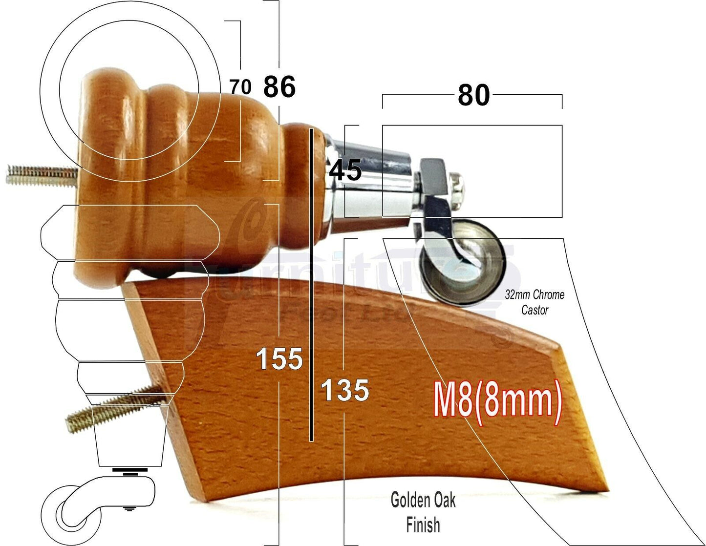  Golden Oak Turned Wood Furniture Feet 2 With Castors 155mm and 2 Curved Back Legs Sofas Chairs Stools Cabinets Beds M8 6 Inches