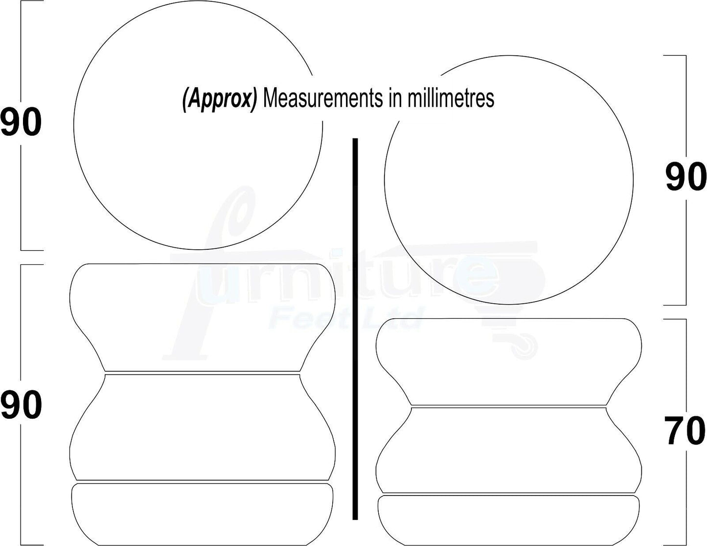 4x Turned Solid Wood Furniture Legs Replacement Bun Feet 70mm High 8mm Thread