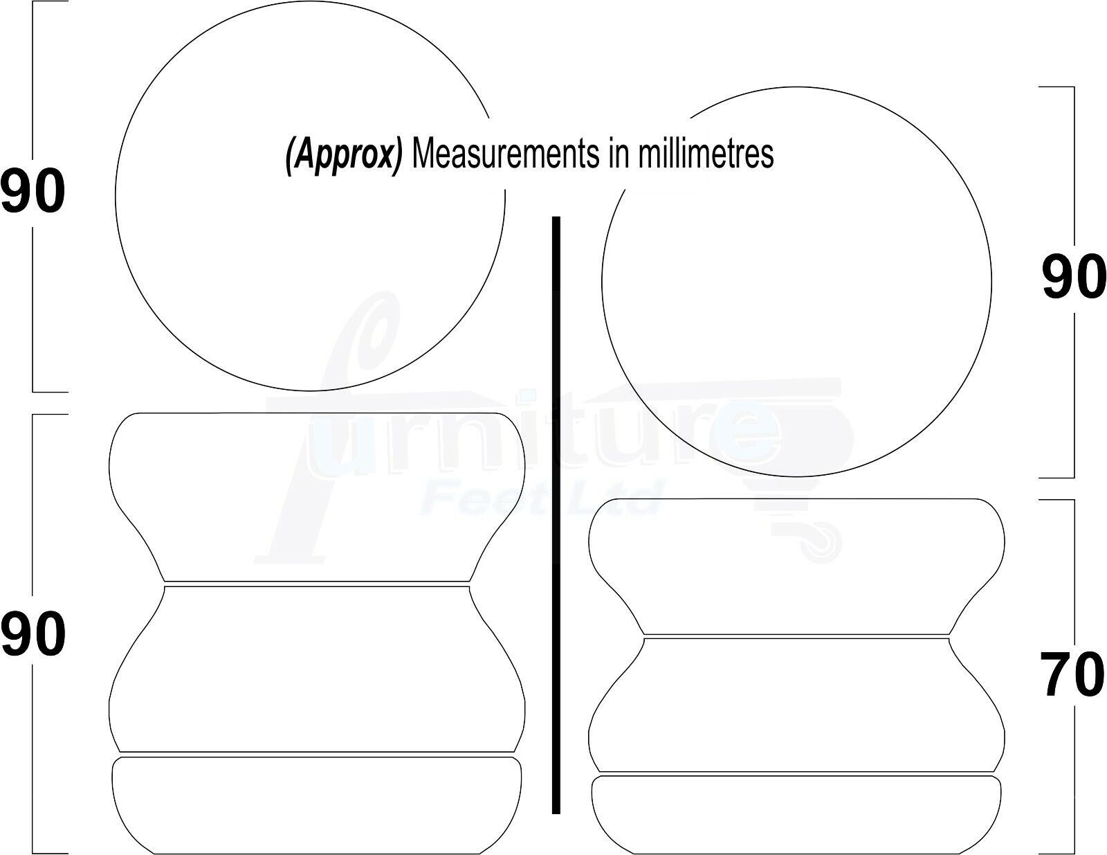 4x Turned Solid Wood Furniture Legs Replacement Bun Feet 70mm High 8mm Thread