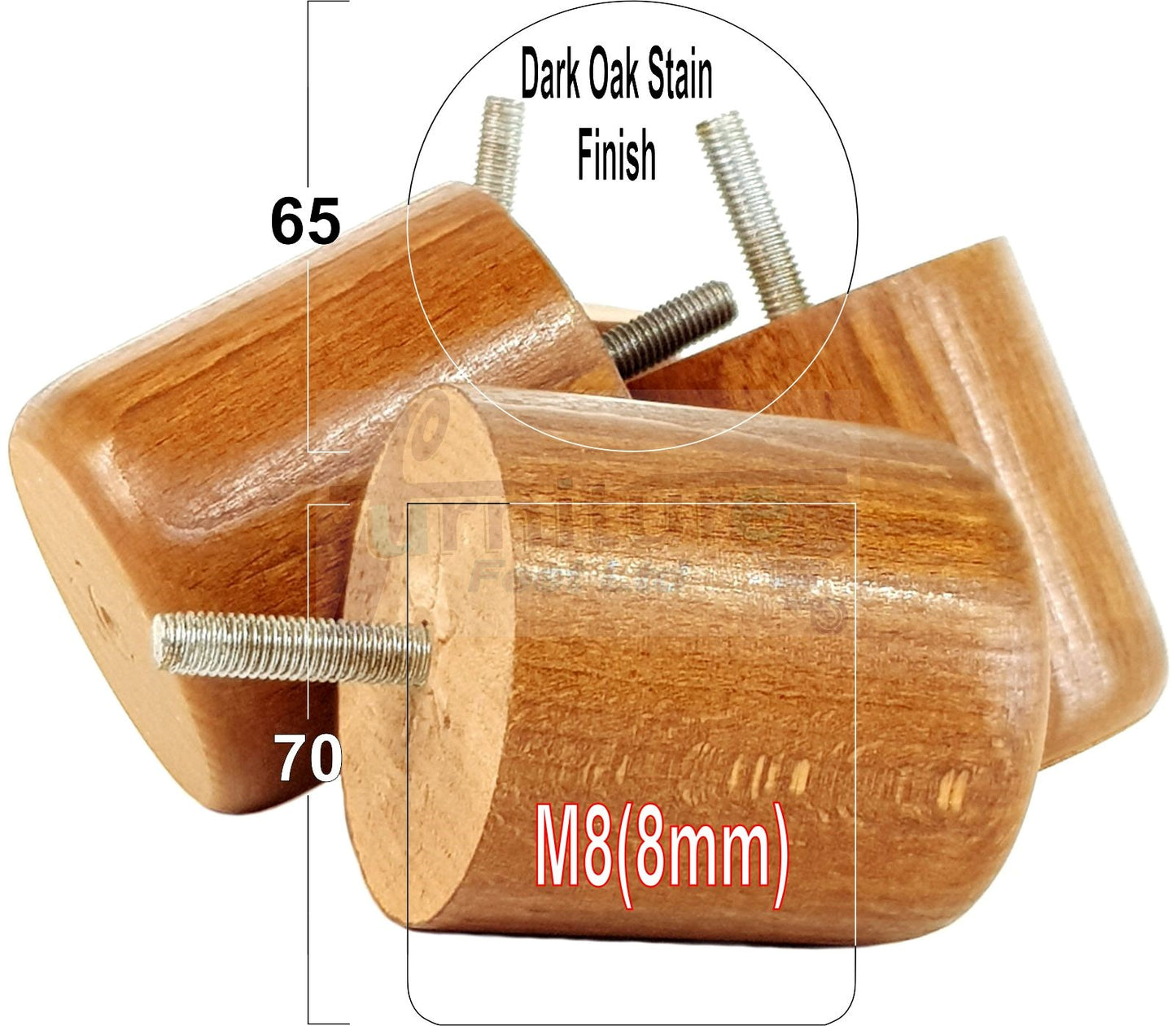 4x Solid Wood Turned Furniture Legs Replacement Bun Feet 70mm High 8mm Thread