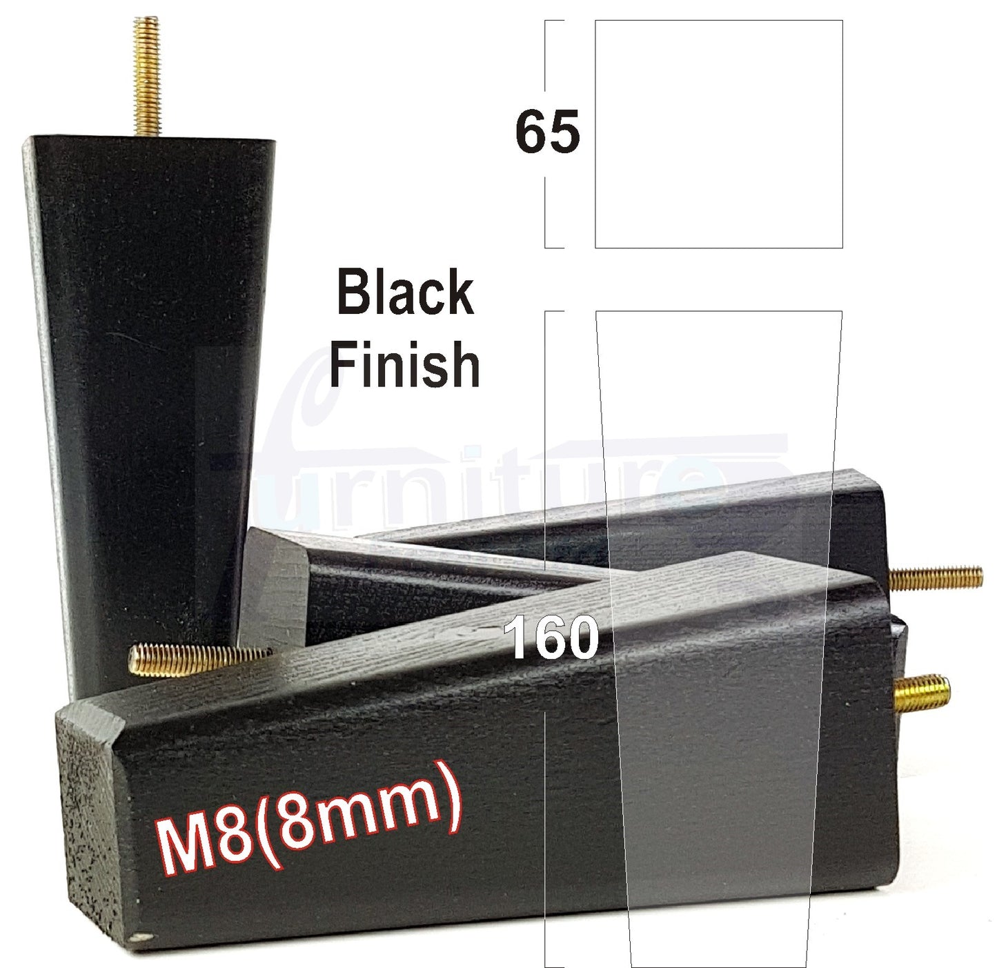 4x Wooden Furniture Legs 160mm High Replacement Square Tapered Feet 8mm