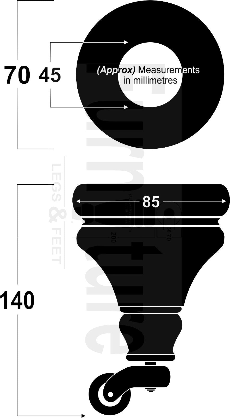 Set Of 4 Turned Furniture Wood Feet With Castors 140mm Sofas Chairs Settee Cabinets Beds M8(8mm)