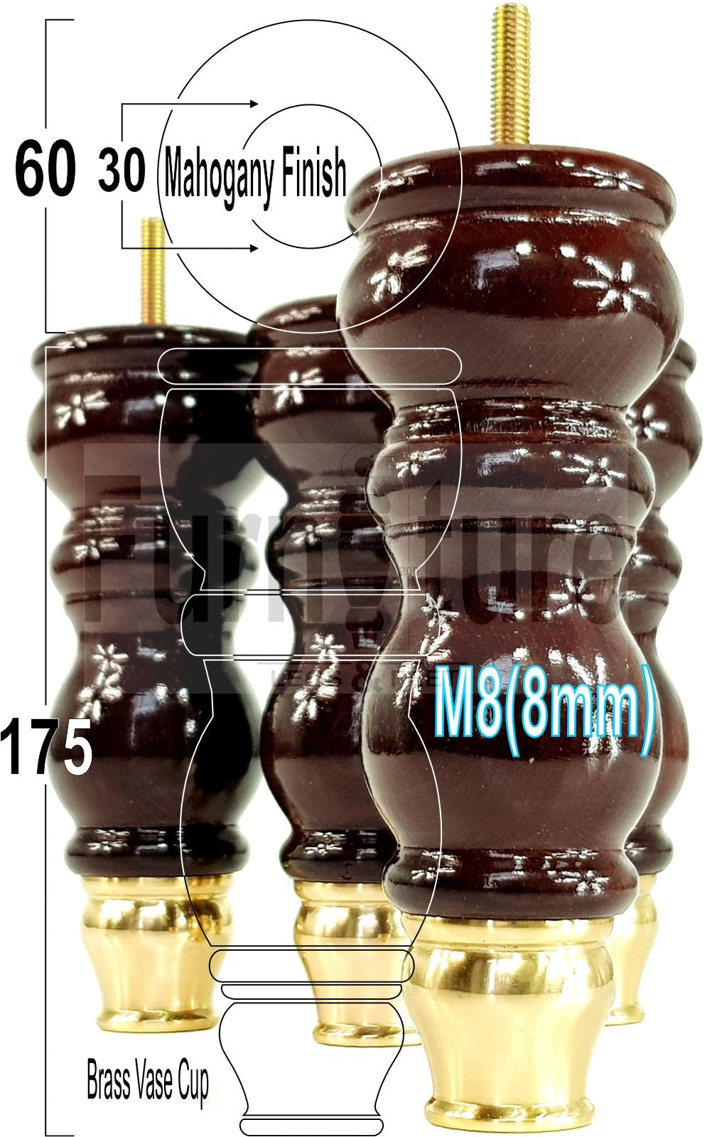 4x Furniture Feet With Slipper Cup 175mm High Legs Mahogany Finish Wood M8 Sofas Chairs Cabinets