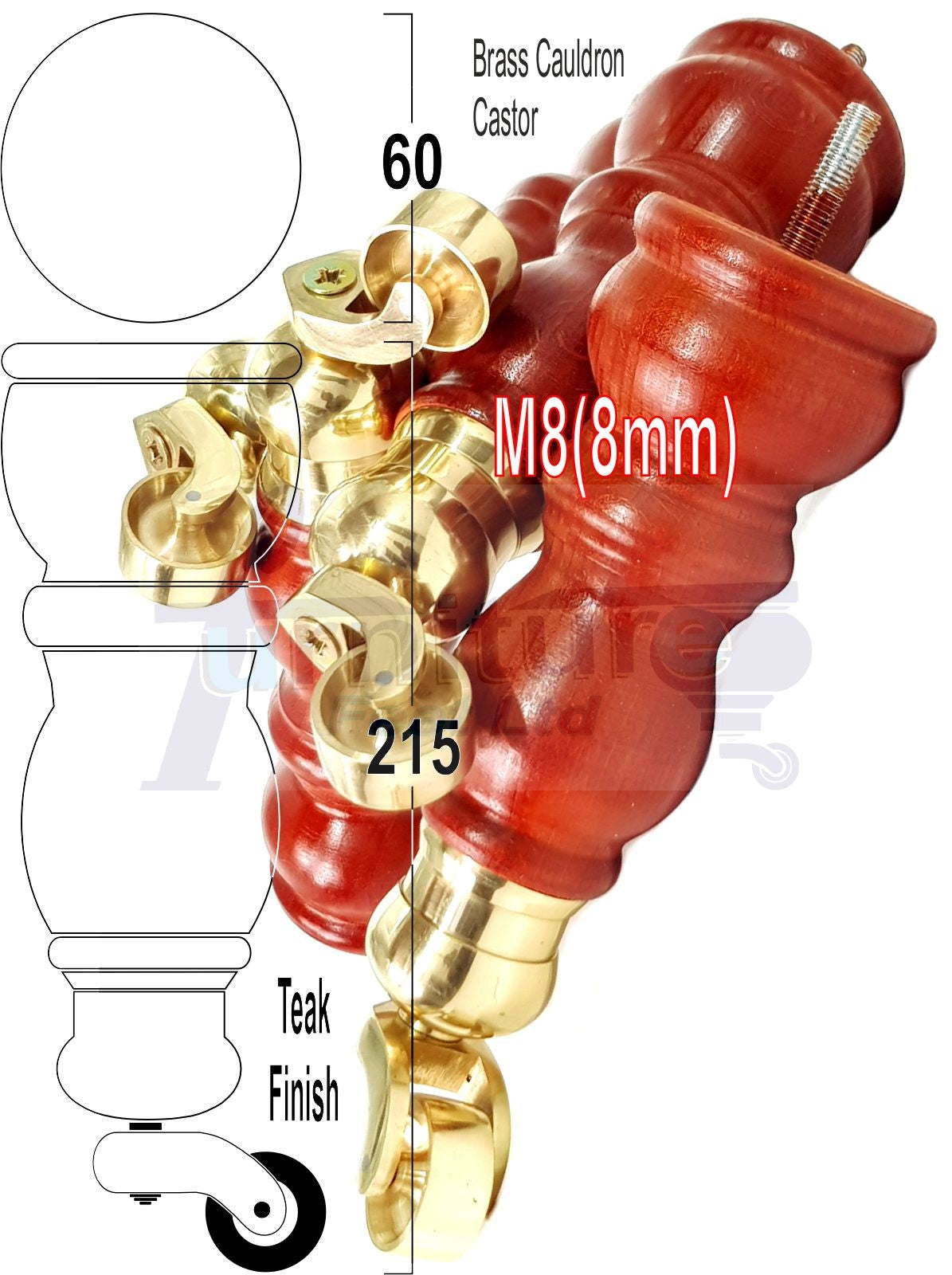 Solid Wood Furniture Feet With Castors Set of 4 Legs 205mm High For Sofas Chairs Stools Cabinets & Beds M8