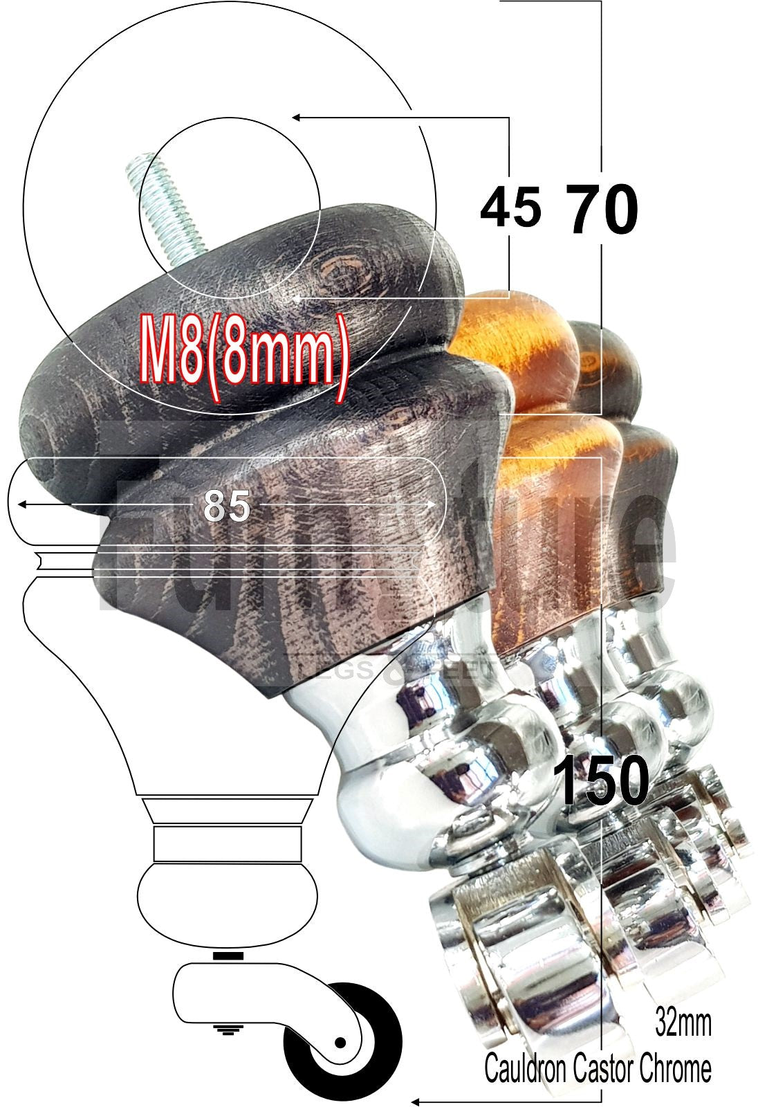 Set Of 4 Turned Furniture Wood Feet With Chrome Castors 150mm Sofas Chairs Settee Cabinets Beds M8(8mm)