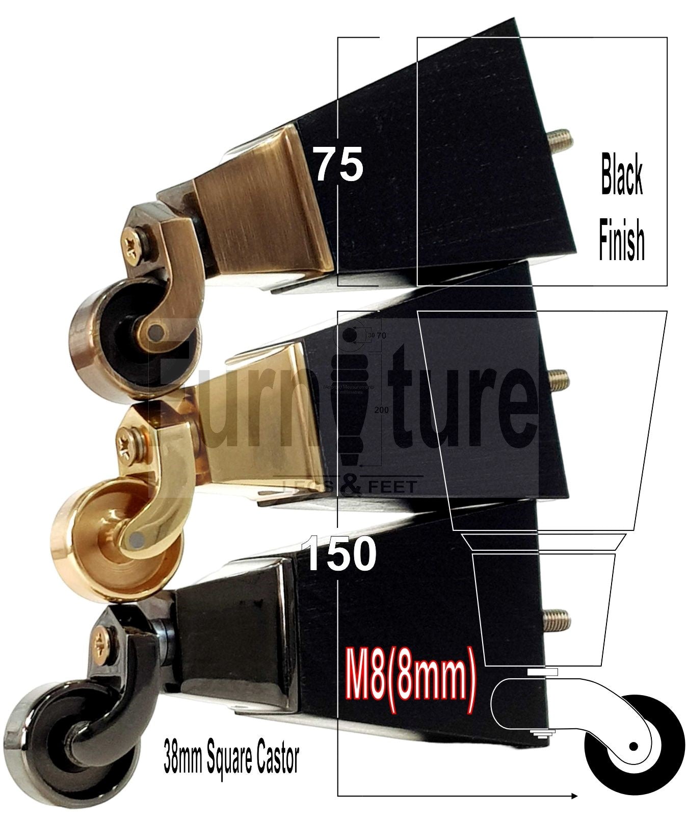4x Block Wood With Castor Furniture Legs 8mm Thread For Chairs Settees Sofa 150mm