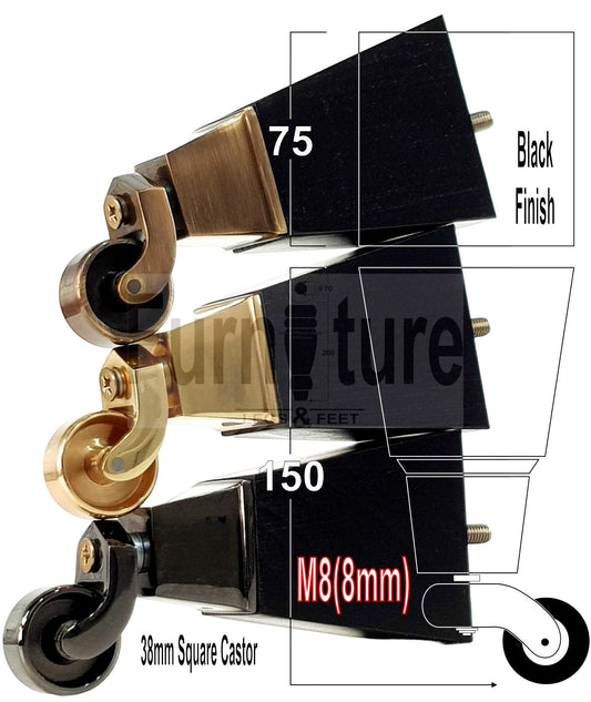 4x Block Wood With Castor Furniture Legs 8mm Thread For Chairs Settees Sofa 150mm