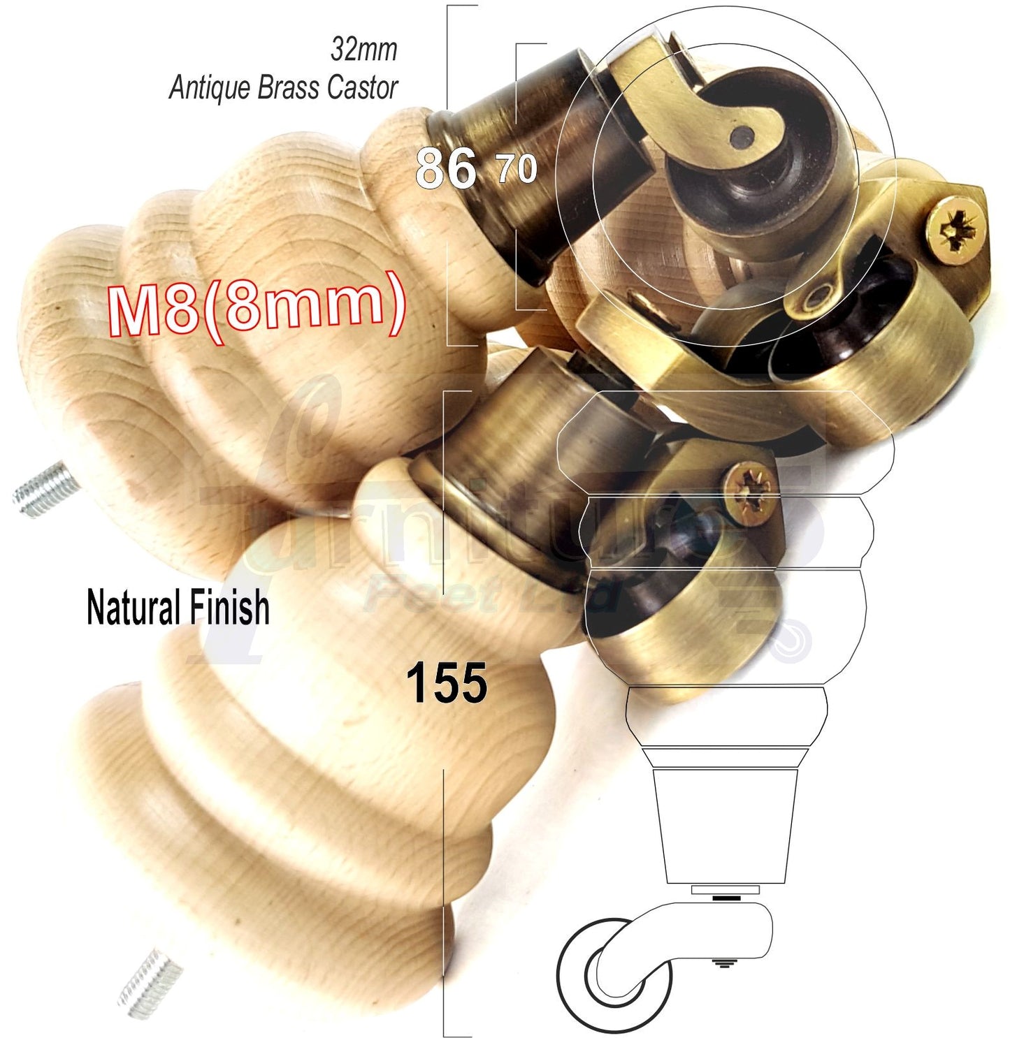 4 Turned Wood Furniture Feet With Antique Brass Castors 155mm Legs Sofas Chairs Stools Cabinets Beds M8 6 Inches