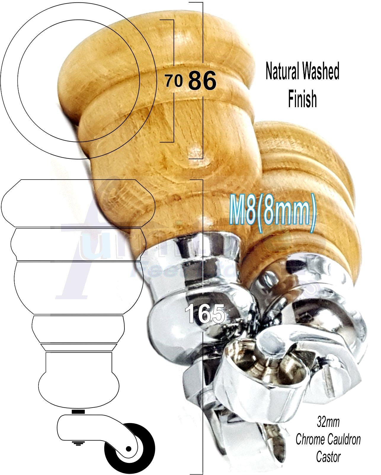 4 Turned Wood Furniture Feet With Chrome Cauldron Castors 155mm Legs Sofas Chairs Stools Cabinets Beds M8 6 Inches