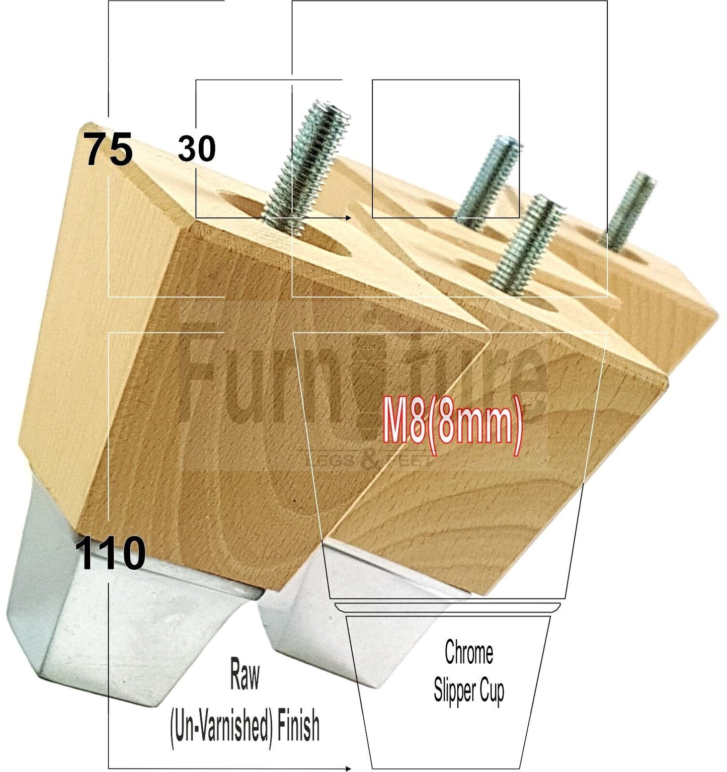 4x Block Wood With A Chrome Slipper Cup Furniture Chair Settee Legs M8 Sofa Feet 110mm
